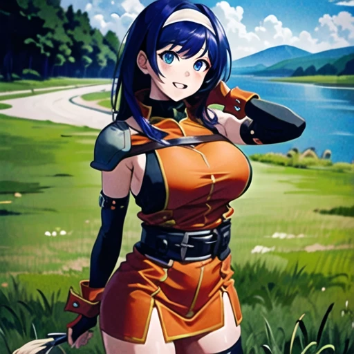 (masterpiece, best quality, ultra detailed, beautiful illustration), atmospheric perspective, depth of field, looking at viewer, beautiful detailed eyes, anime eyes:1.4, (cowboy shot), dynamic pose, dynamic angle, (outdoors, grasslands, distant lake ), 1girl, (:d), (huge breasts),  mia feh, white hairband,shoulder armor,orange dress,underwear,belt,fingerless gloves,thighhighs,boots,