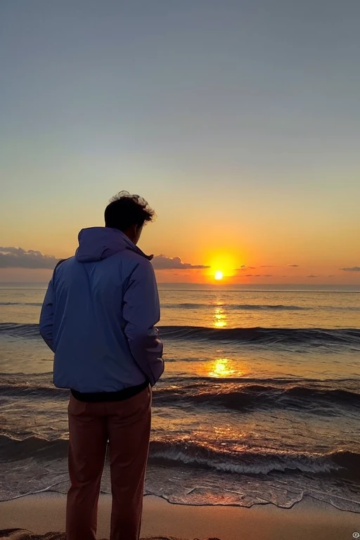 photo of a guy from behind wearing a jacket looking at the beach while looking at the sunset