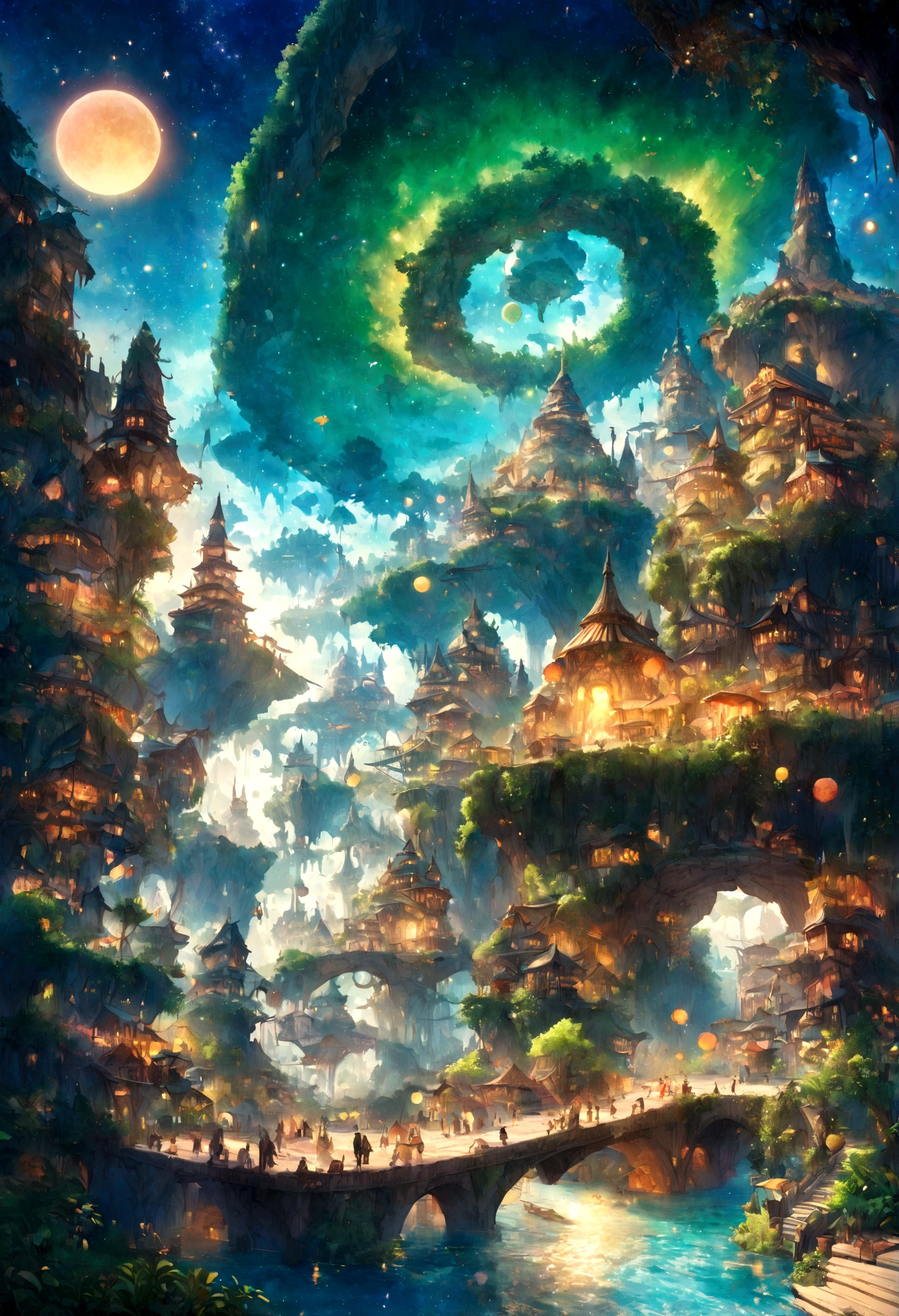 fantastical city, colorful and whimsical buildings, floating islands in the sky, winding rivers with glowing water, futuristic yet ancient architecture, lush gardens and greenery, vibrant marketplaces with exotic goods, magical creatures roaming the streets, starry sky with multiple moons, enchanted forests surrounding the city