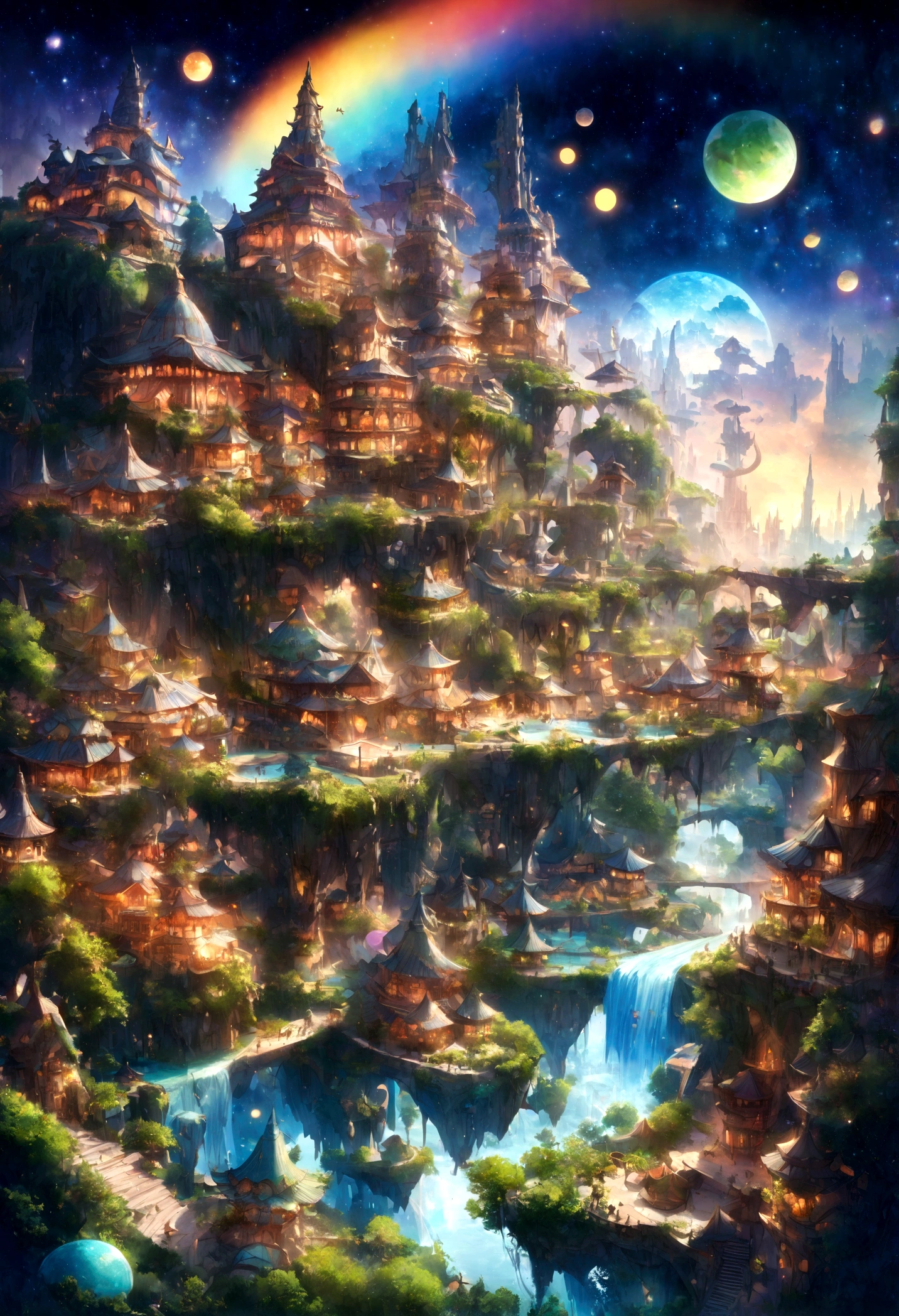 fantastical city, colorful and whimsical buildings, floating islands in the sky, winding rivers with glowing water, futuristic yet ancient architecture, lush gardens and greenery, vibrant marketplaces with exotic goods, magical creatures roaming the streets, starry sky with multiple moons, enchanted forests surrounding the city