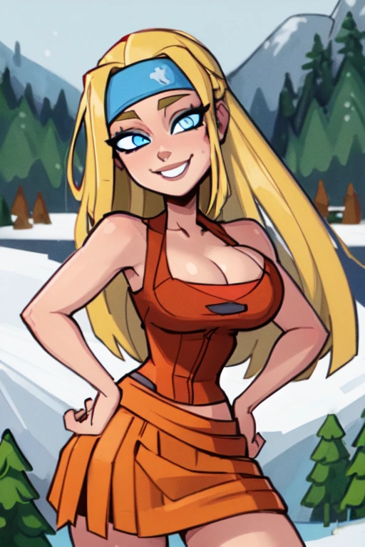 (best quality:1.3), (4K quality), (Detailed face:1.2), (Detailed eyes:1.2), (looking at viewer:1.2), smiling, |  Lindsay_Total_Drama, 1girl, solo, blue eyes, long hair, blonde hair, cleavage, bandana, skirt, | overlooking valley, spruce trees, snow covered mountains,| bokeh, depth of field, hand on hip| 