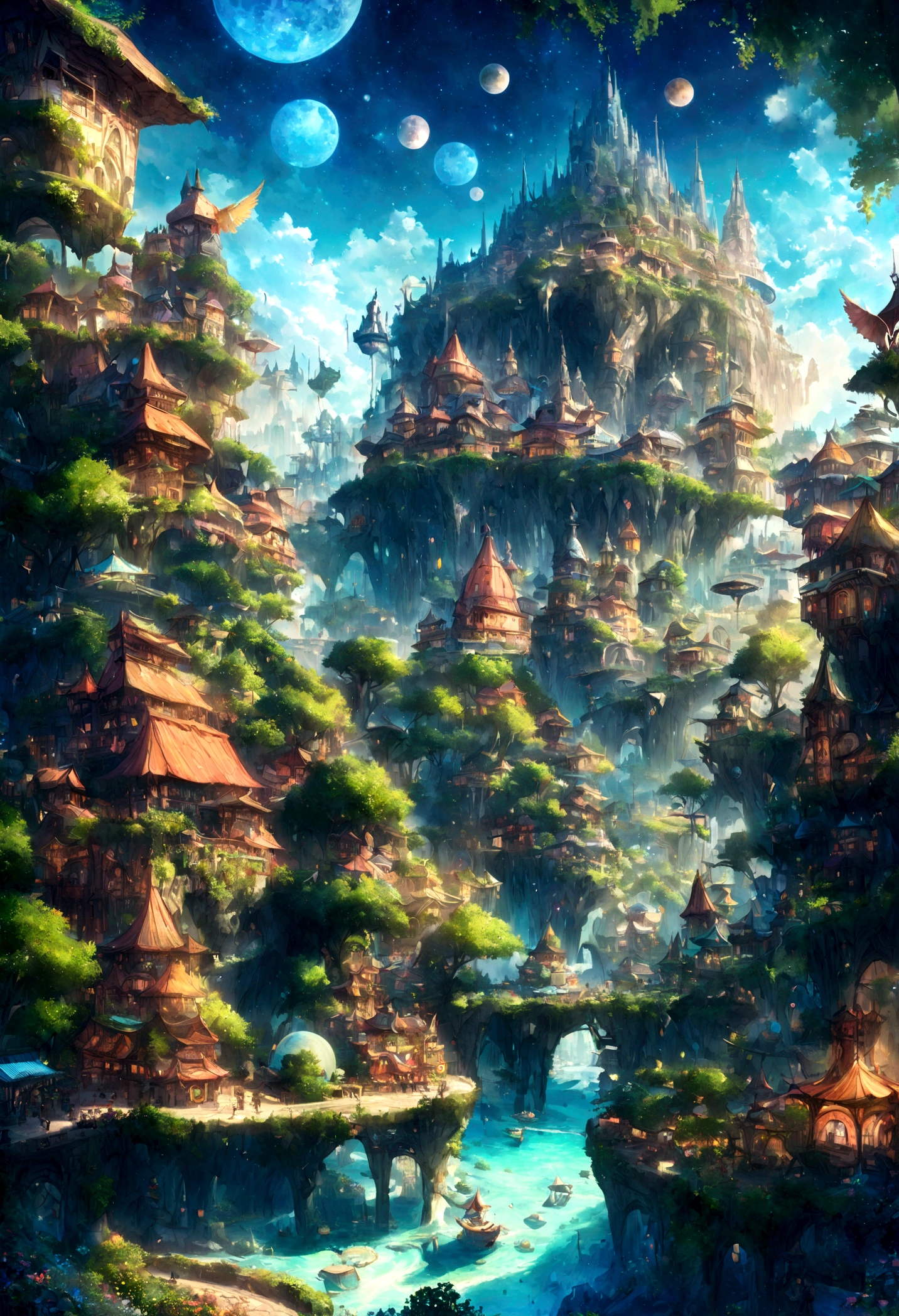  fantastical city, colorful and whimsical buildings, floating islands in the sky, winding rivers with glowing water, futuristic yet ancient architecture, lush gardens and greenery, vibrant marketplaces with exotic goods, magical creatures roaming the streets, starry sky with multiple moons, enchanted forests surrounding the city