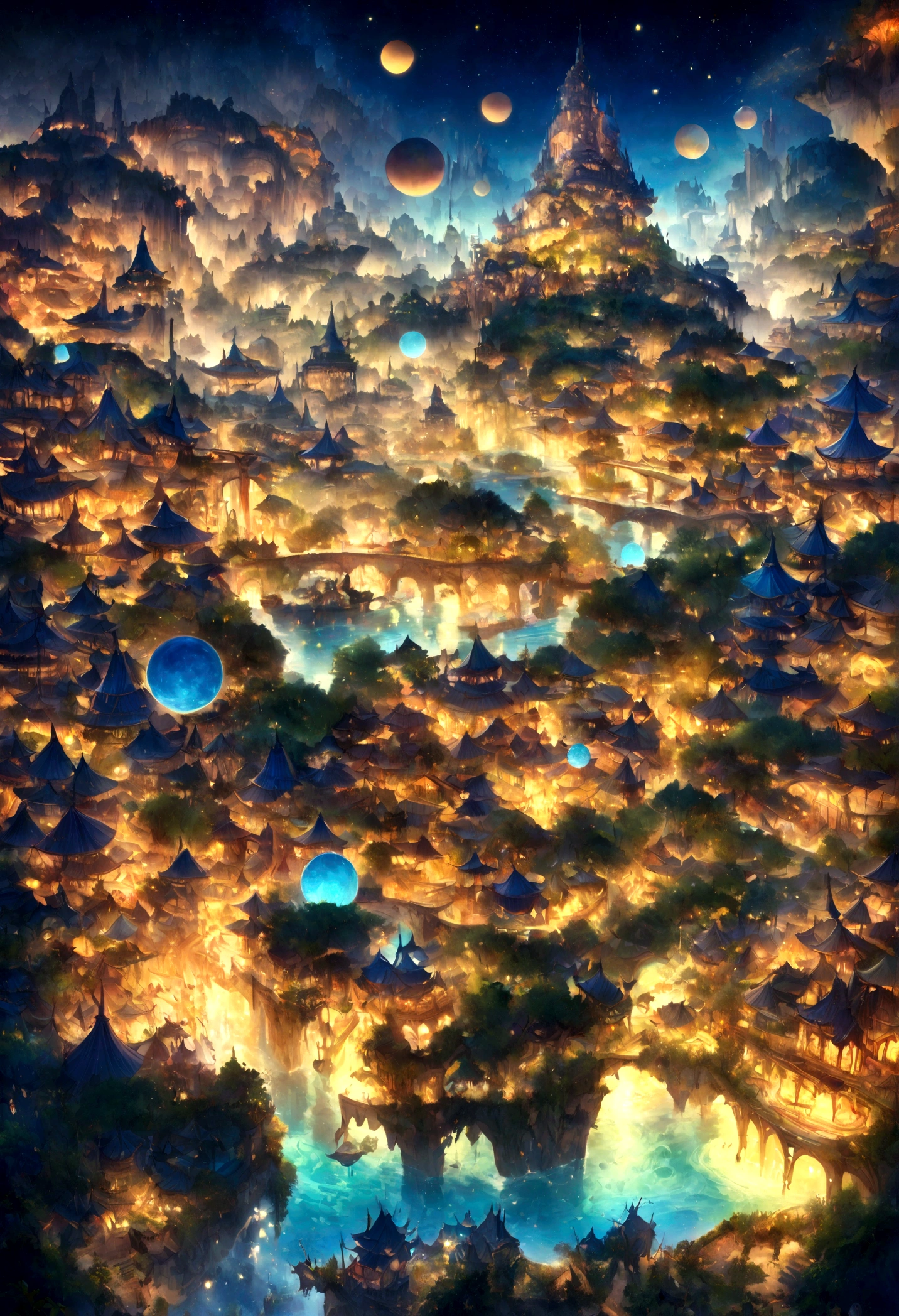 fantastical city, colorful and whimsical buildings, floating islands in the sky, winding rivers with glowing water, futuristic yet ancient architecture, lush gardens and greenery, vibrant marketplaces with exotic goods, magical creatures roaming the streets, starry sky with multiple moons, enchanted forests surrounding the city