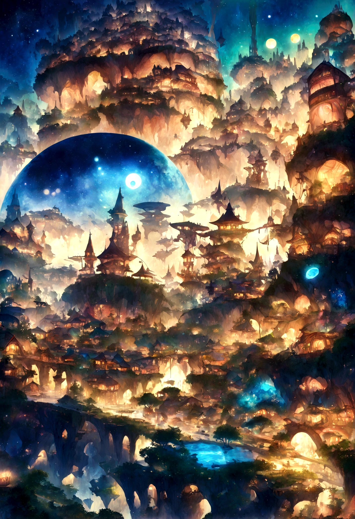 fantastical city, colorful and whimsical buildings, floating islands in the sky, winding rivers with glowing water, futuristic yet ancient architecture, lush gardens and greenery, vibrant marketplaces with exotic goods, magical creatures roaming the streets, starry sky with multiple moons, enchanted forests surrounding the city