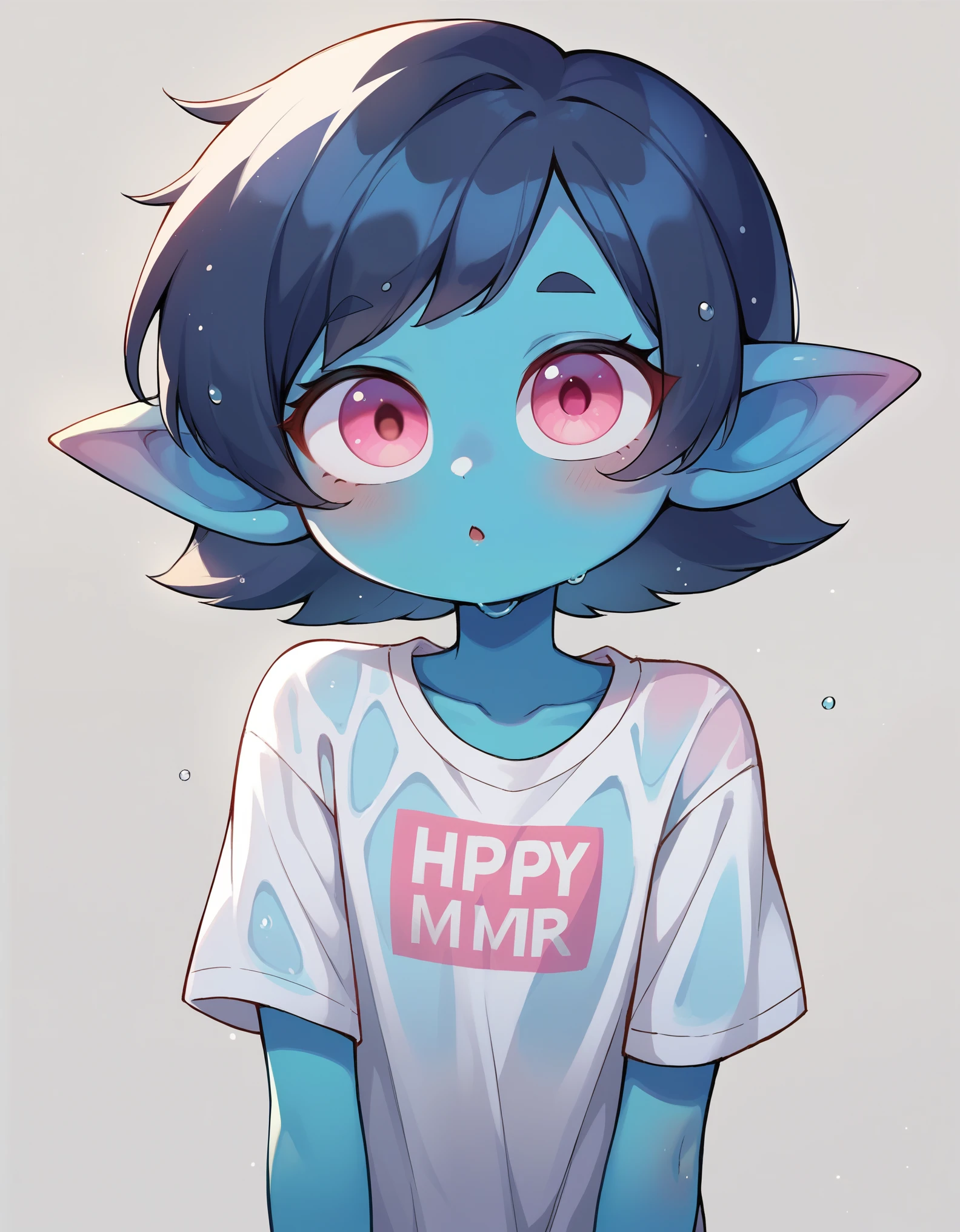 score_9, score_8_up, score_7_up, score_6_up, , source_anime, mwk,,  cute face, 1girl, young, curvy chest, xxl shirt, goblin ears, dark and blue skin, dark blue hair, pink eyes, wet body