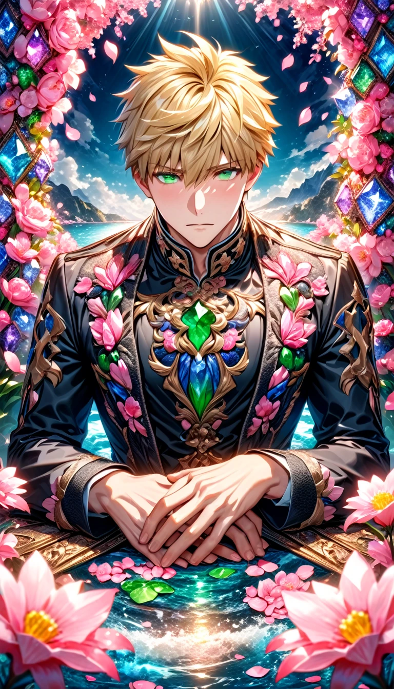 absurdres, highres, ultra detailed, HDR, master piece, best quality, Arthur Pendragon, blonde hair, expressive green eyes, fate grand order, solo, sexy man, handsome, black clothes, shining, water, pink flowers, pink blossoms, pink butterflies, pink petals
