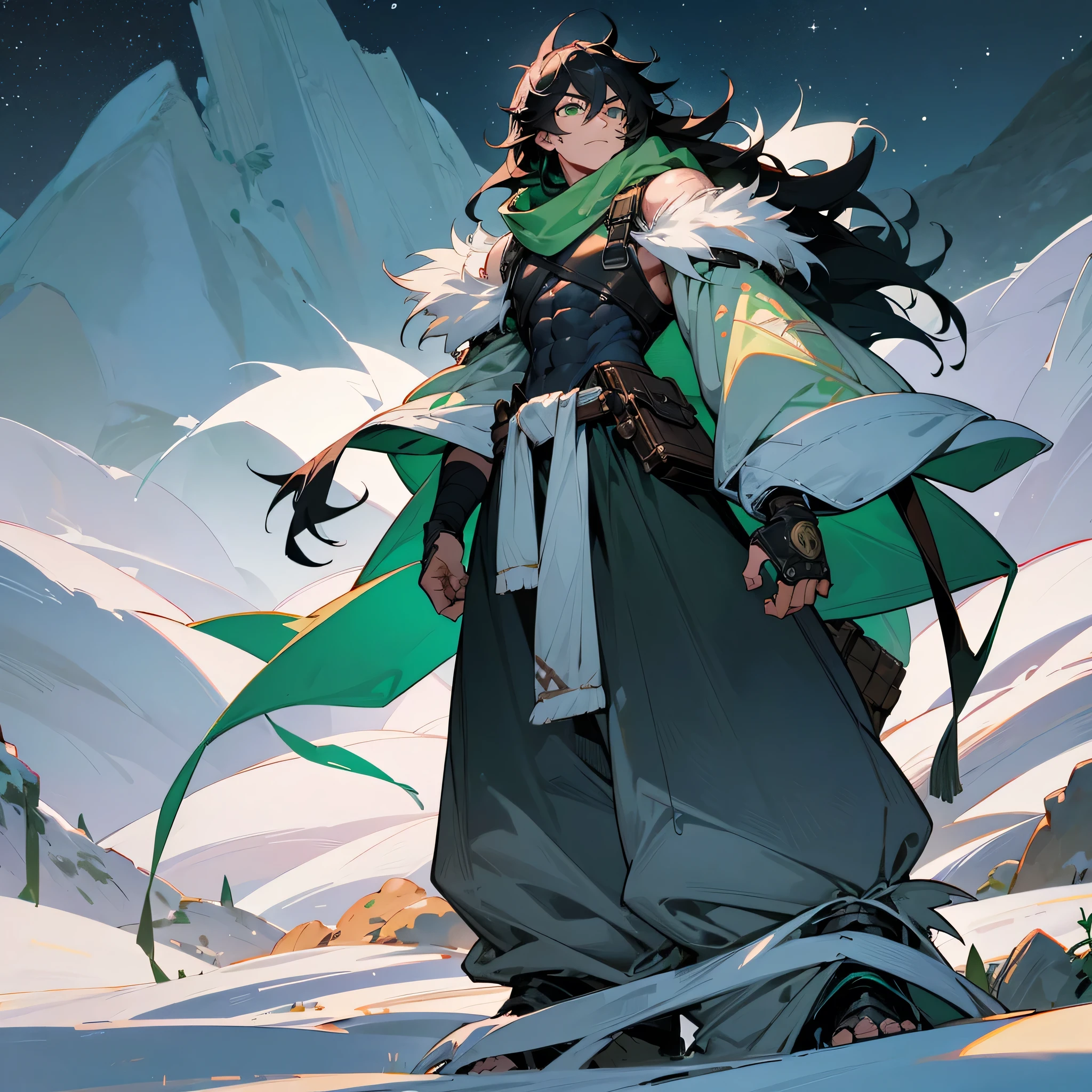 1male, young teen, finely detailed green eyes, wild long hair, black hair, scars, arm bandages, shoulder armor piece, oversized hooded fur poncho, loose baggy pants, muscular, standing on snowy mountain, night time, serious expression, muscular,