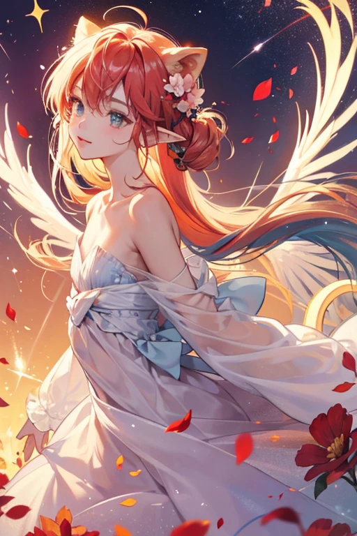 (Highest quality、Highest quality、Masterpiece、Very delicate、Very detailed、Exquisite、16K、Full HD)、1 female、(Silver camisole、Tutu、gem、ribbon、White frills)、Small breasts、Perfect body line、Glowing Skin、(Groomed eyebrows、Pink Lips、Blue Eyeysterious Face)、(Orange Hair、Vertical roll hair、Shiny Hair)、Looking back、Dramatic lighting、(universe、Fantasy)