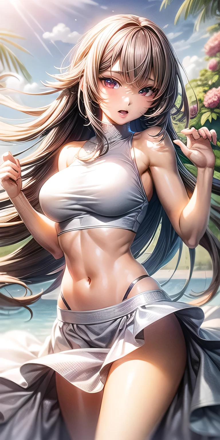 Realistic, One girl, The hair is round and large . rather muscular body, Hot Sexy Body, white, Purple eyes, Shining Eyes, Crop top, skirt, Open lips, blush, night, Flowers, sun, sunshine,