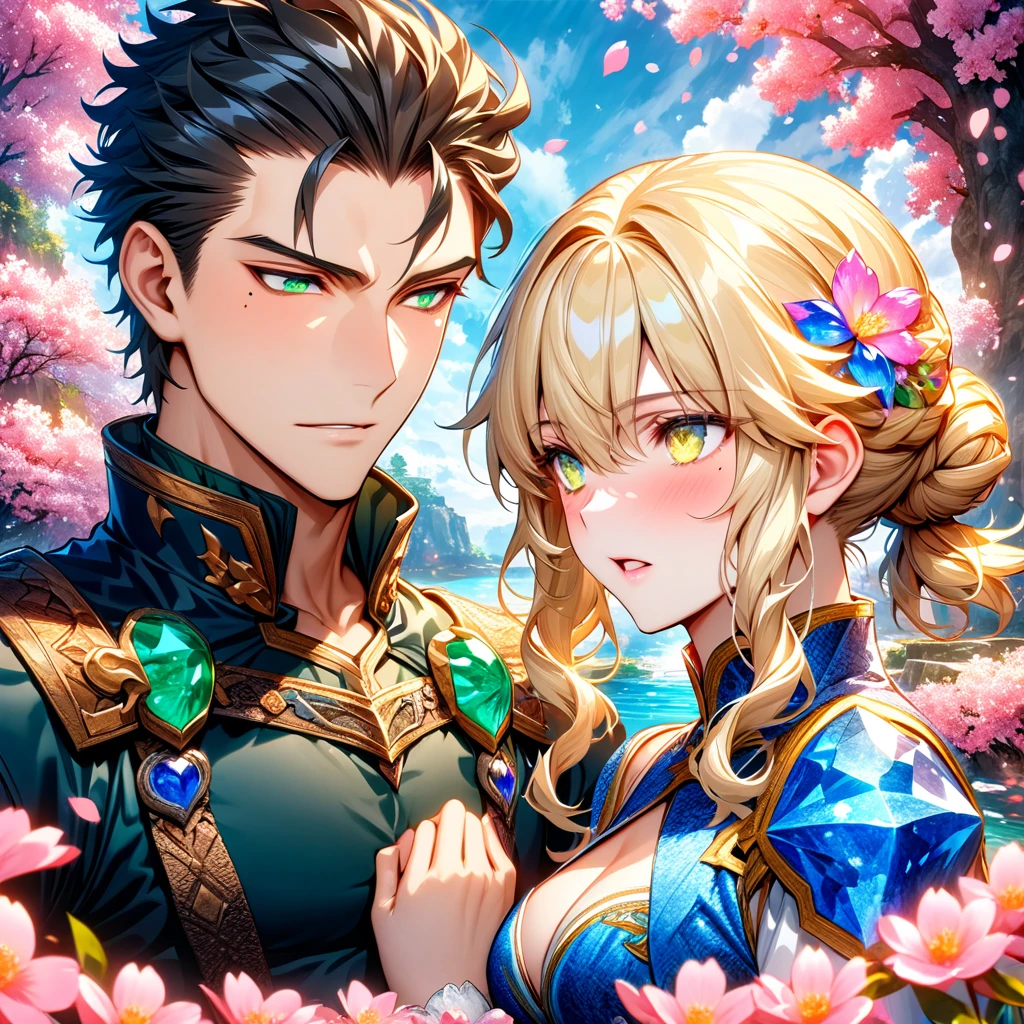 Ultra detailed, Highres, absurdres, HDR, master piece, Diarmuid Ua Duibhne, black hair, expressive yellow eyes, mole under his eye, Arthuria Pendragon, blond hair tied in a bun, expressive green eyes, Fate Grand Order, a handsome man together with a beautiful woman, couple, love, extremely detailed eyes and face, water, pink flowers, blossoms, petals, fantasy, magic, best quality, sexy, knight black clothes