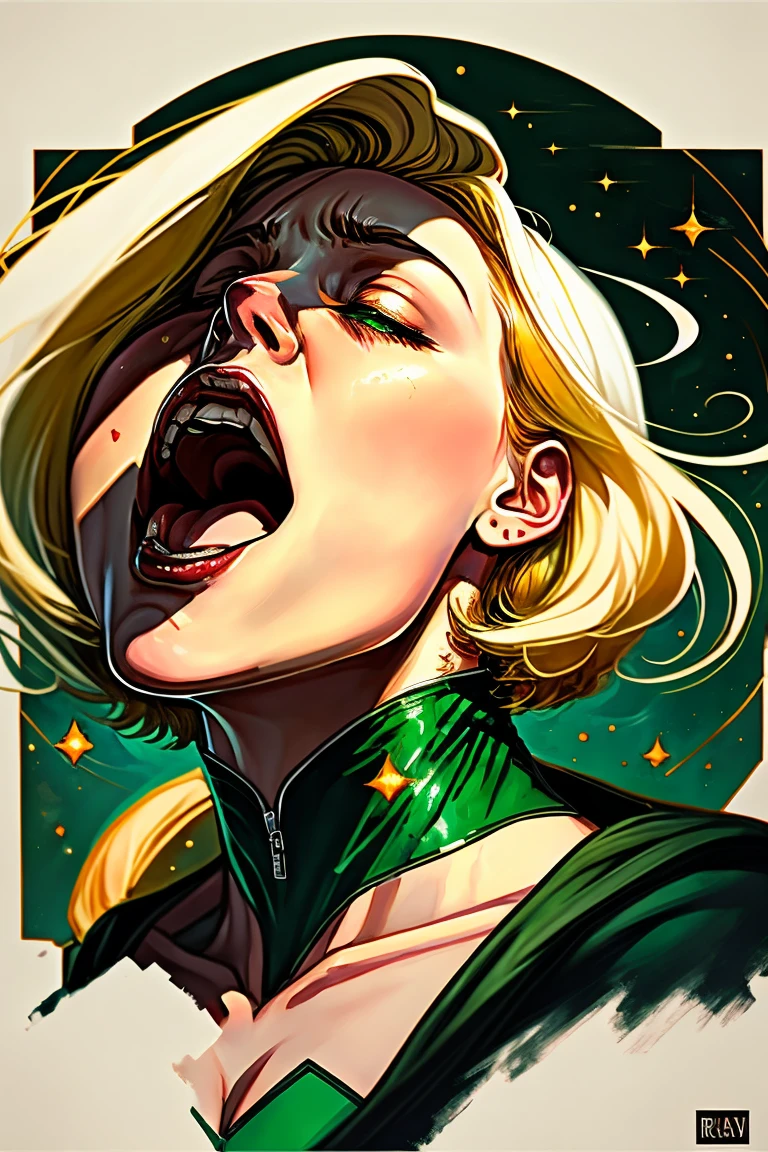 Oil painted slightly chubby white woman. Her face  also slightly chubby. Her body  floating in space .She  wearing a dark green body suit.. She has short blonde hair. She has her mouth open breathing heavily, she puts both her hands on her neck as if she choking and can’t breathe . She  on the verge of death. She  grabbing her neck. Full body view. Bare foot. There is a meter on the bottom that is going down. A message appearing in the upper right corner “warning O2 low”