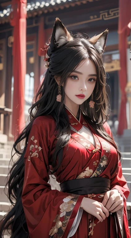 realistically, A high resolution, One woman, butt lift, pretty eyes, Long black hair, eye socket, jewely, tattoo is, Hanfu, a beautiful woman in China, Red embroidered Hanfu, fox ears, fox tail
