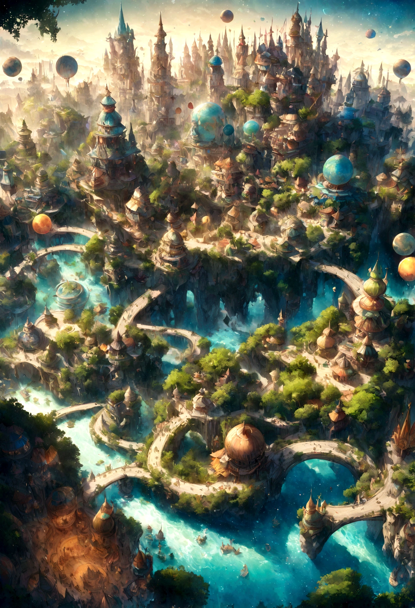 fantastical city, colorful and whimsical buildings, floating islands in the sky, winding rivers with glowing water, futuristic yet ancient architecture, lush gardens and greenery, vibrant marketplaces with exotic goods, magical creatures roaming the streets, starry sky with multiple moons, enchanted forests surrounding the city
