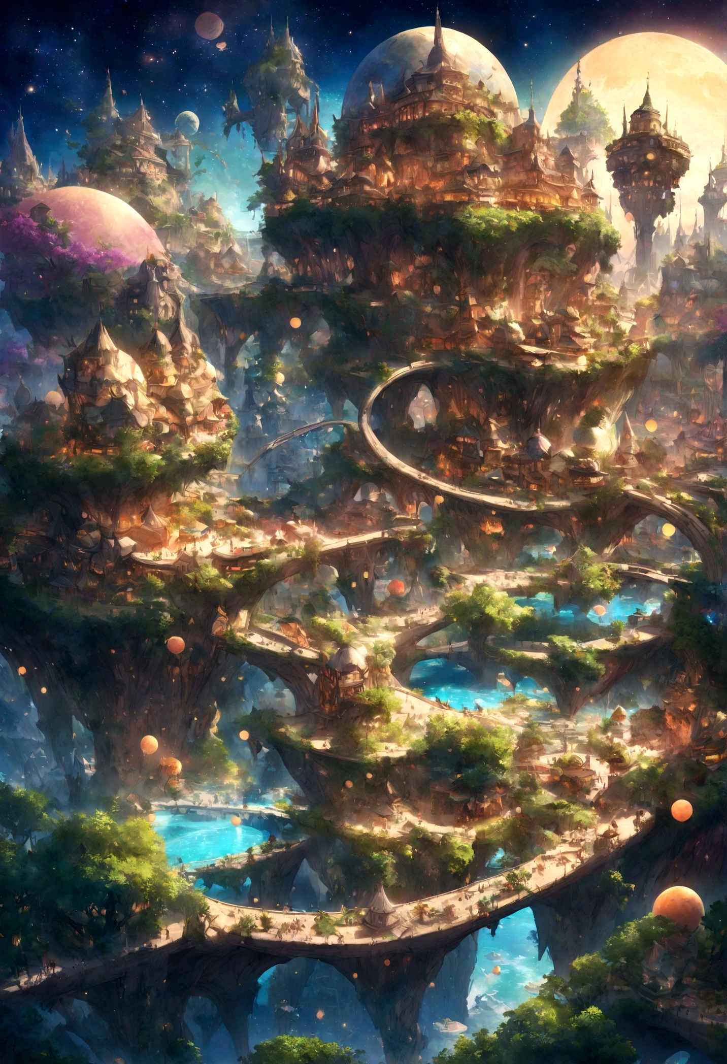 fantastical city, colorful and whimsical buildings, floating islands in the sky, winding rivers with glowing water, futuristic yet ancient architecture, lush gardens and greenery, vibrant marketplaces with exotic goods, magical creatures roaming the streets, starry sky with multiple moons, enchanted forests surrounding the city