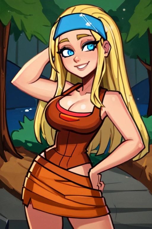 (best quality:1.3), (4K quality), (Detailed face:1.2), (Detailed eyes:1.2), (looking at viewer:1.2), smiling, | Lindsay_Total_Drama, 1girl, solo, blue eyes, long hair, blonde hair, cleavage, bandana, skirt, | overlooking valley, redwood trees| bokeh, depth of field, hand on hip|
