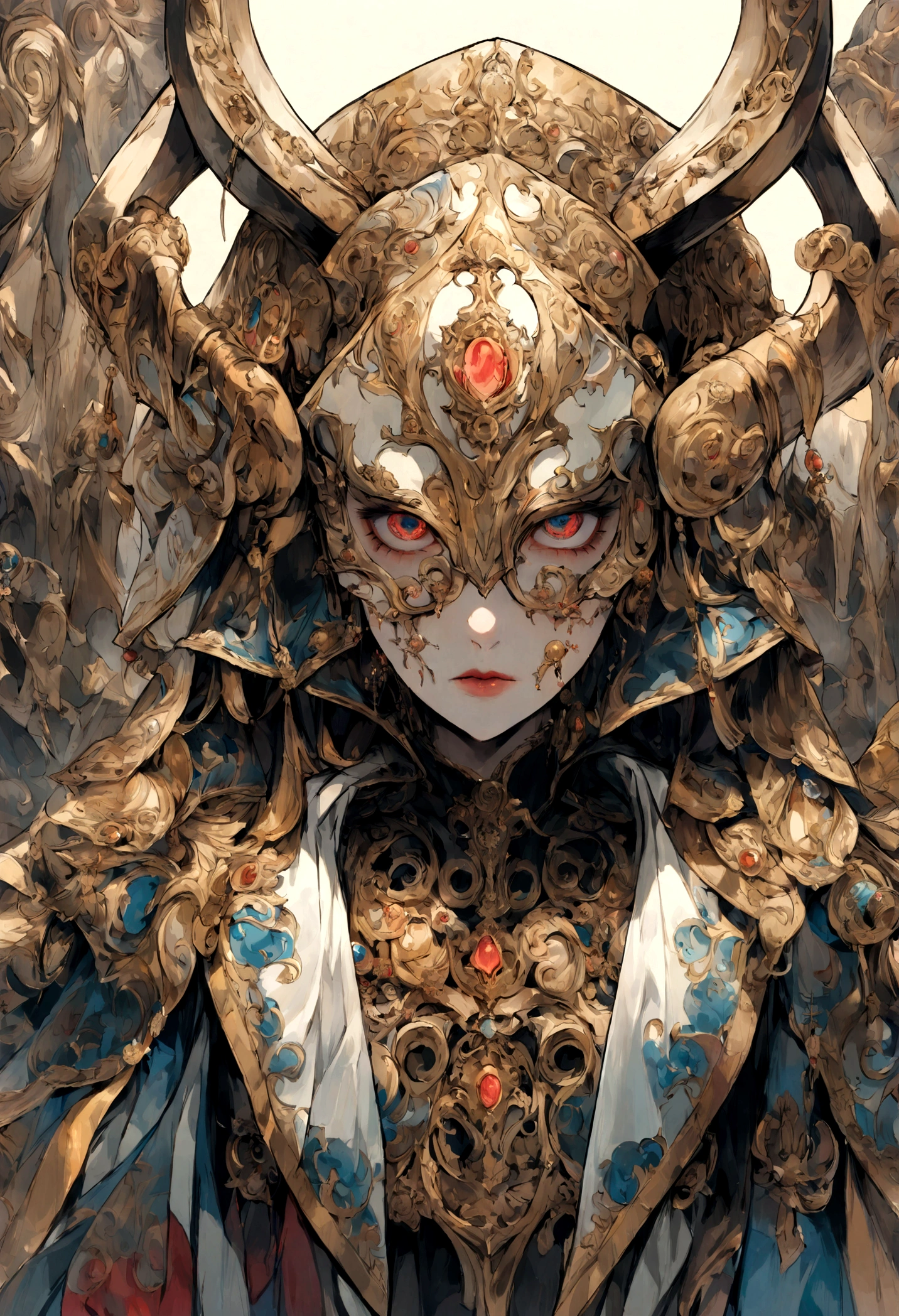 o capacete, ou kabuto, is decorated with imposing ornaments, like stylized horns or a scary mask that covers the lower part of the face, leaving only the piercing eyes showing. Your eyes are sharp, demonstrating determination and focus, e seu olhar parece atravessar a tela, conveying a sense of strength and authority.