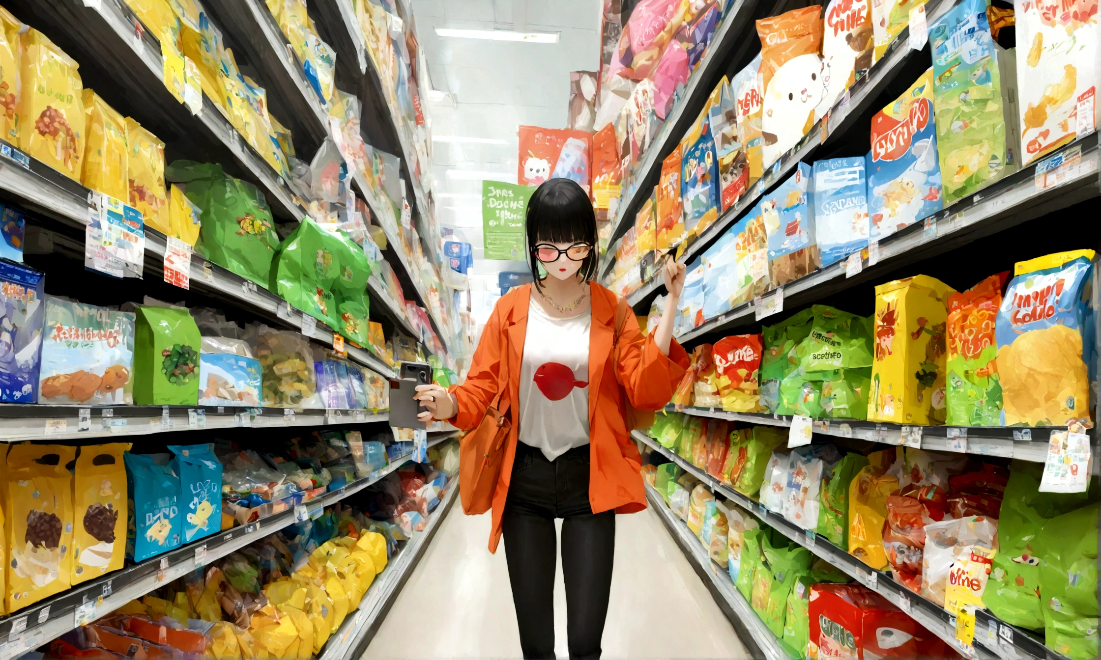 1 pessoa, supermercado, compras, segurando celular, na cidade de tokyo, com estilo visual do FILME MATRIX.