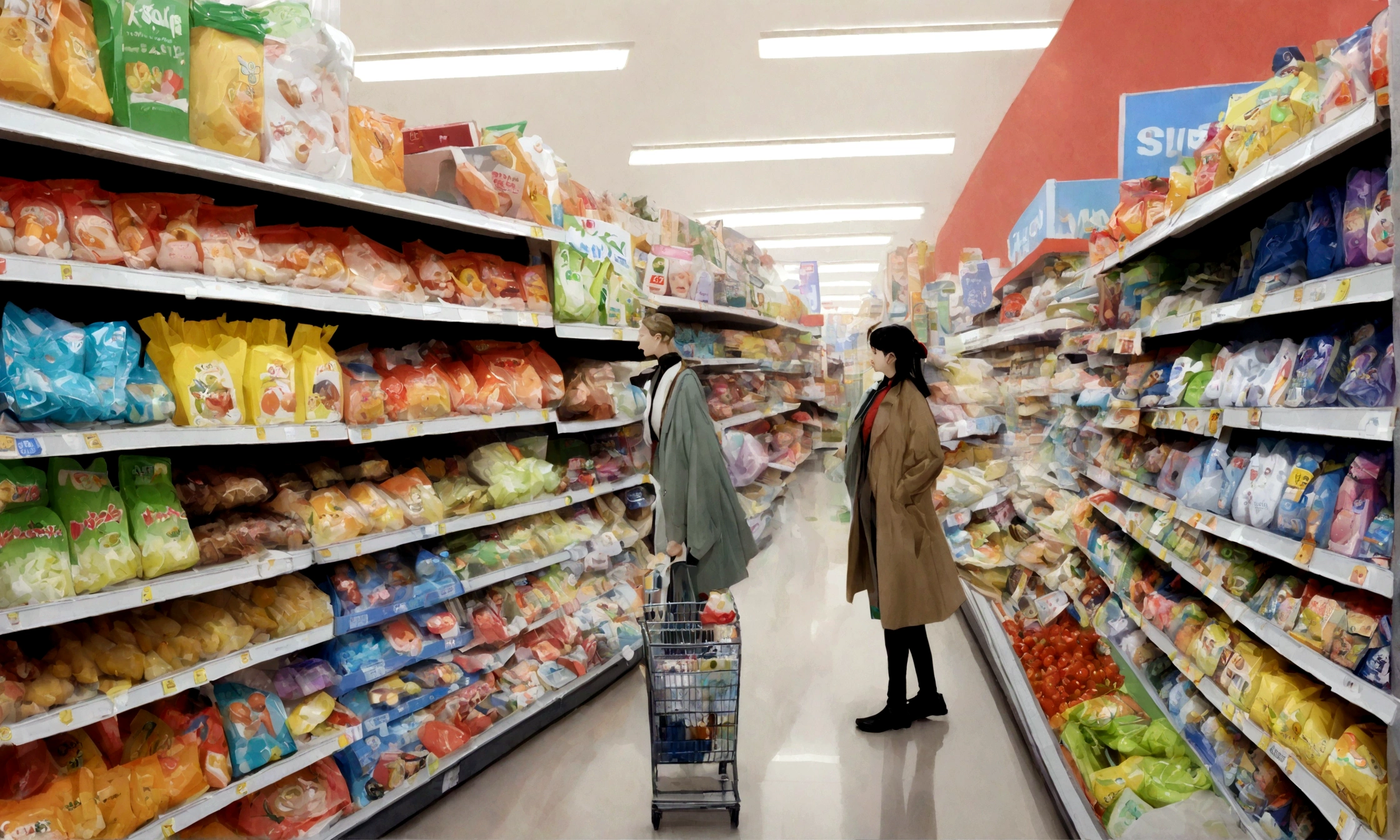 1 pessoa, supermercado, compras, segurando celular, na cidade de tokyo, com estilo visual do FILME MATRIX.