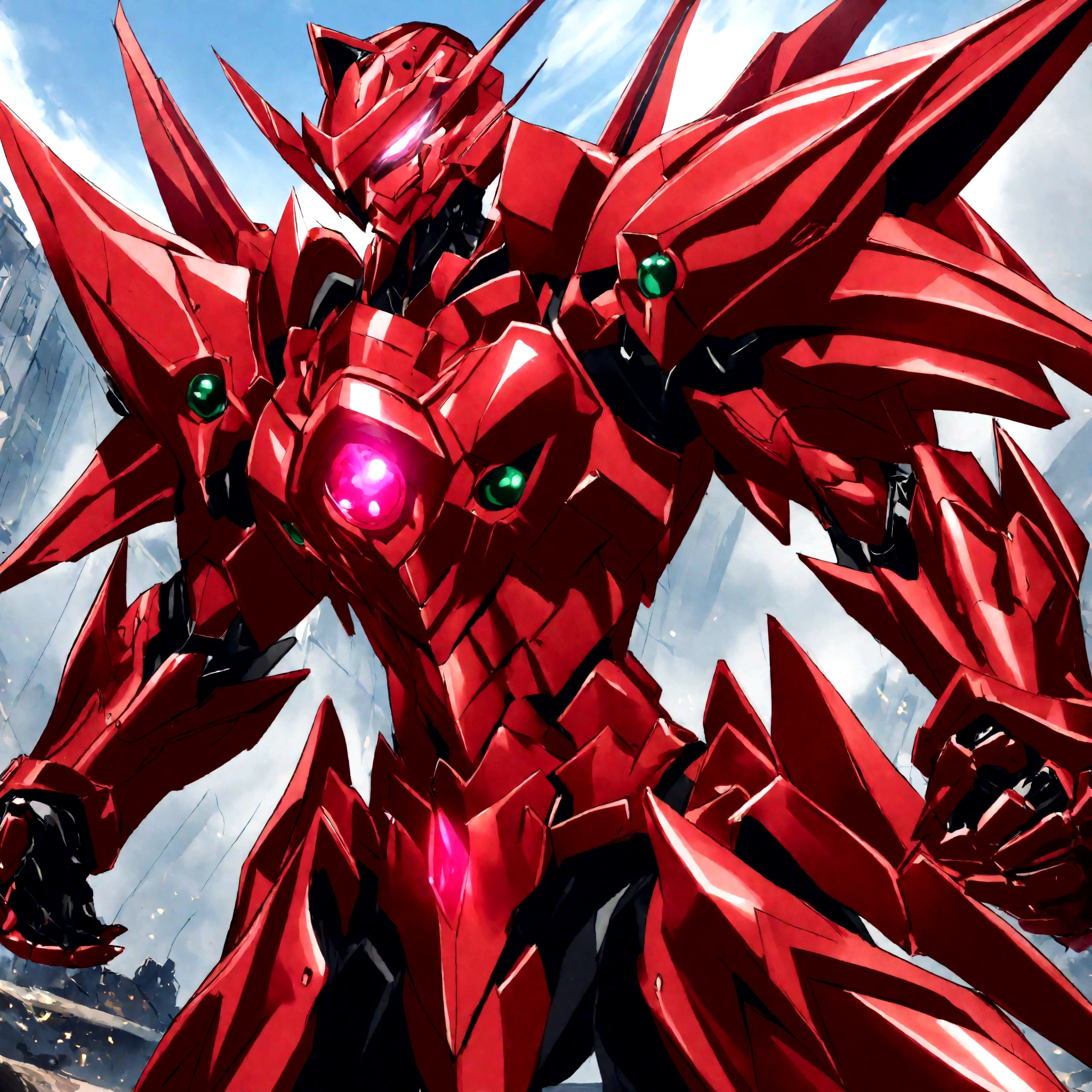 1 Issei hyoudou shooting red magical energy, High school DxD, enfoque masculino, armor, full armor, robot, mecha, glowing eyes, masterpiece, accurate, best quality, highres