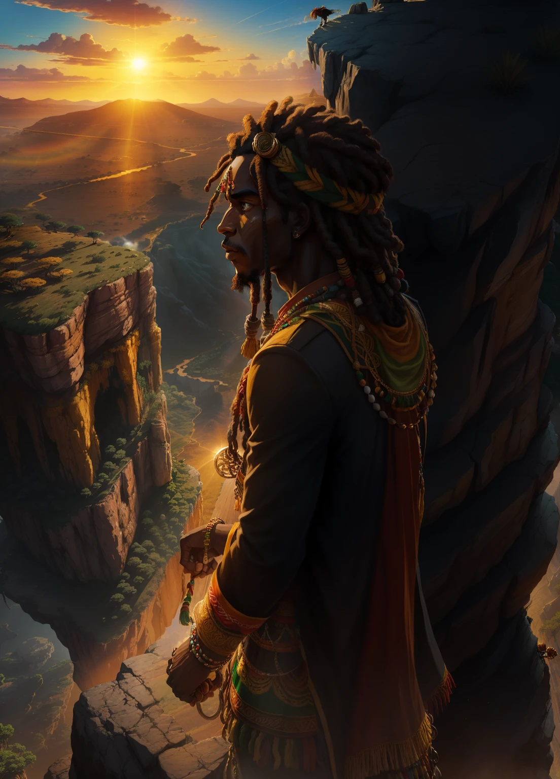 Imagine a Rasta man standing atop a rocky cliff, overlooking a vast savannah bathed in the golden light of the setting sun. The man's eyes gleam with a fierce determination, a symbol of the struggle against injustice. His voice echoes across the land, a powerful sound that awakens the courage within all who hear it.