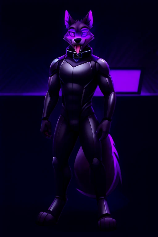 Vortex hellhound standing, tongue out, using a gray latex suit, and a black techno collar, hypnotized with glowing purple eyes without iris or pupils, tongue out, full body image, carrying a futuristic rifle in his hands, laboratory background