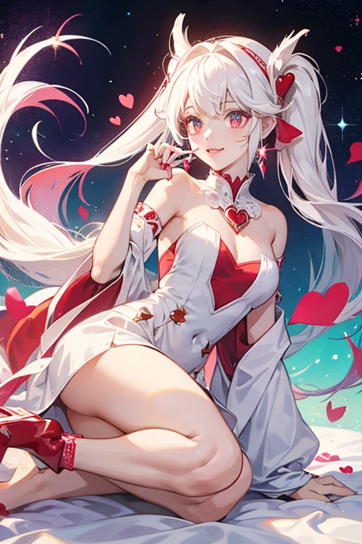 Llanutchi is a white llama with red markings on their feet. She wears a red heart accessory on her right ear. SPARKLE; GLITTER