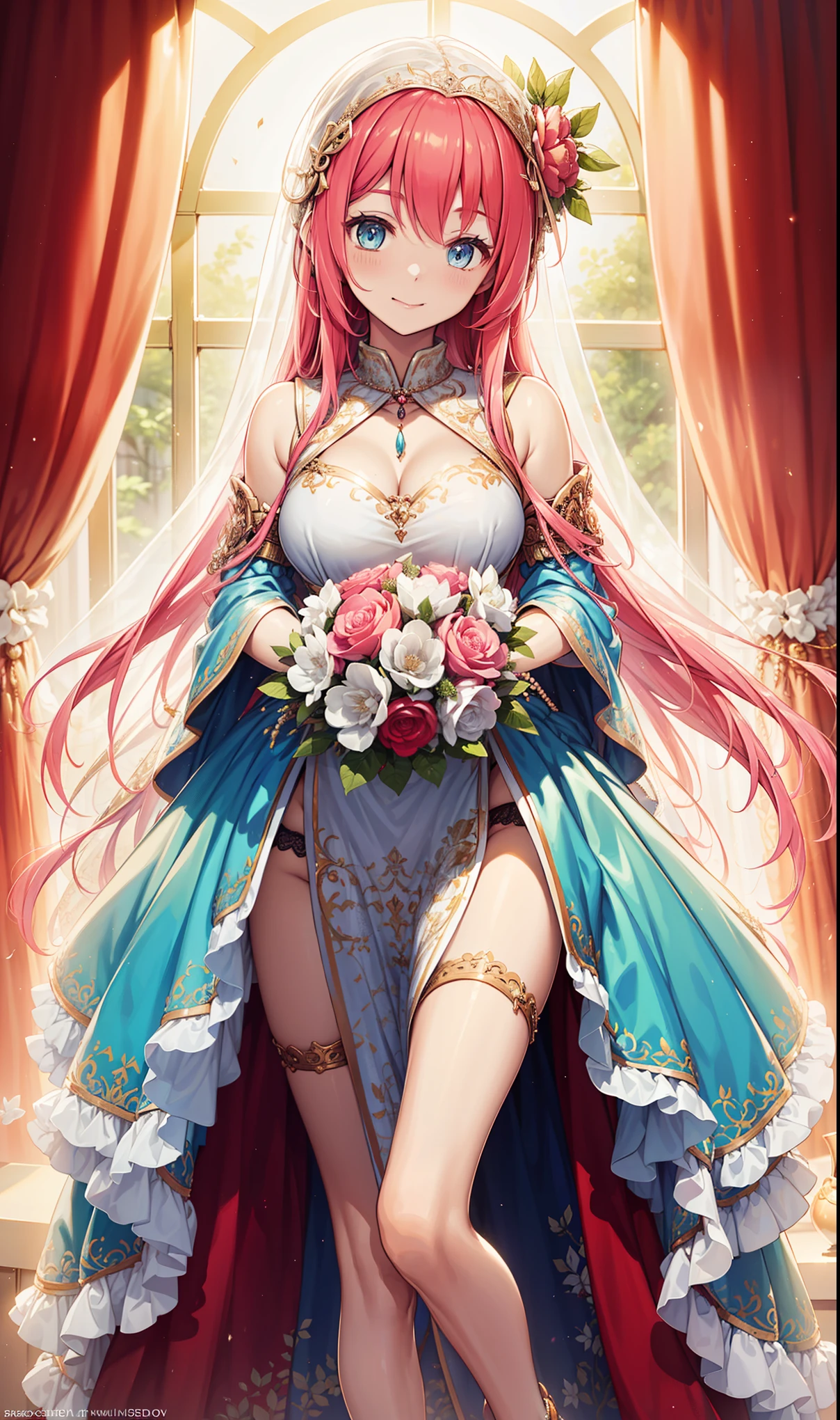 (best quality, high resolution, Textured Skin, high quality, High Detail,Extremely detailed CG unification),aldult,charm,Divine happiness,in love,(Beautifully designed wedding dress:1.2),Pink Hair,blue eyes,(Fabric headdress minimalism,Multi-layer delicate ruffles,lots of lace,Multi-color cloth,Beautifully embroidered,Beautiful pattern,Fabric headdress,Exquisite clothing,See through transparent clothes,bedroom,night,(Dazzle:1.2),Light,The only one,The skirt flutters,