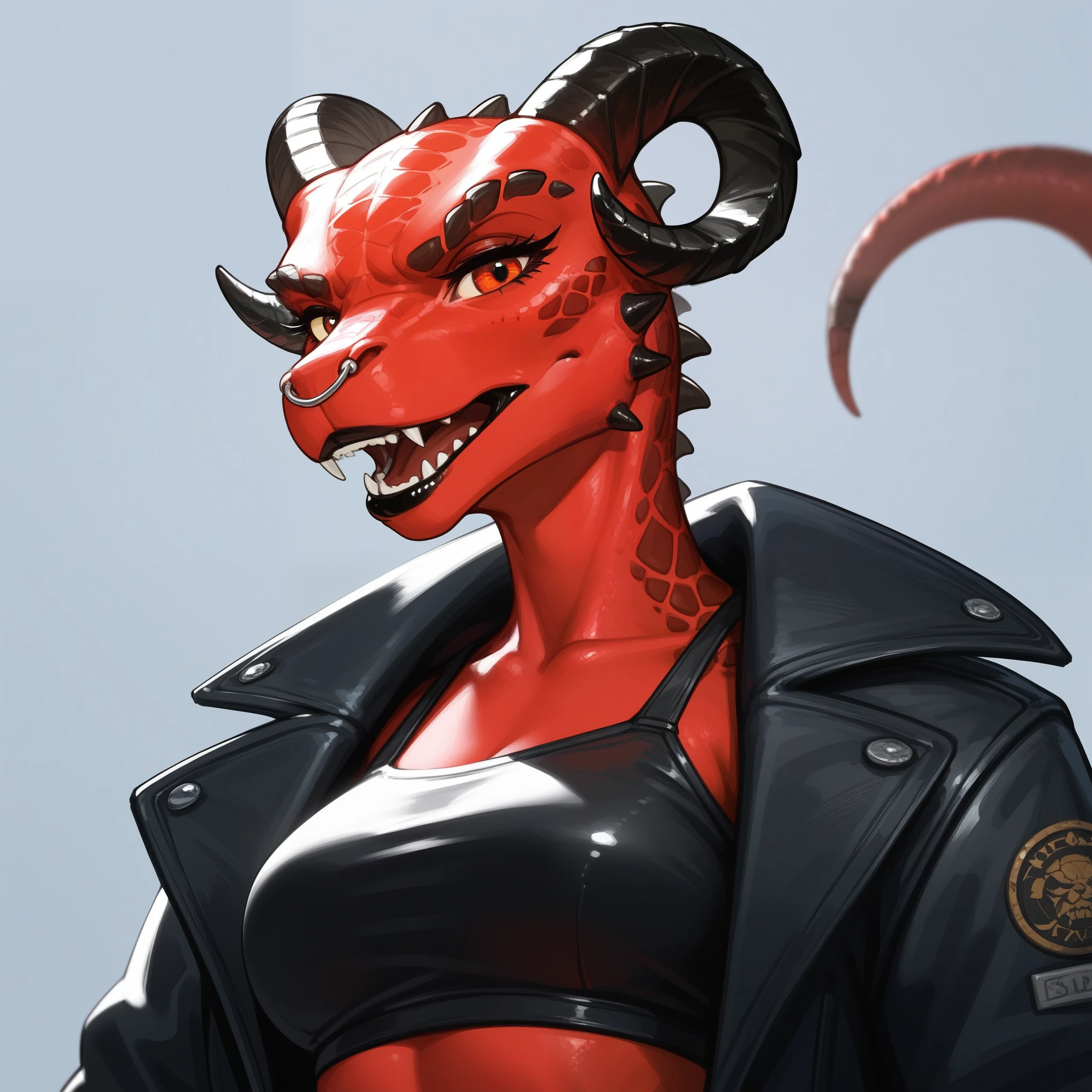 , score_9,score_8_up,score_7_up, anthro Argonian female from skyrim, Anthro reptile girl, snout, all red skin, some black scales, red eyes, black lips, black horns, black ram horns, red tail, black lips, nose piercing, wearing black leather jacket, black crop top, upper body shot, portrait, looking at viewer, mouth open, pouting, furrowed eyebrows, no background