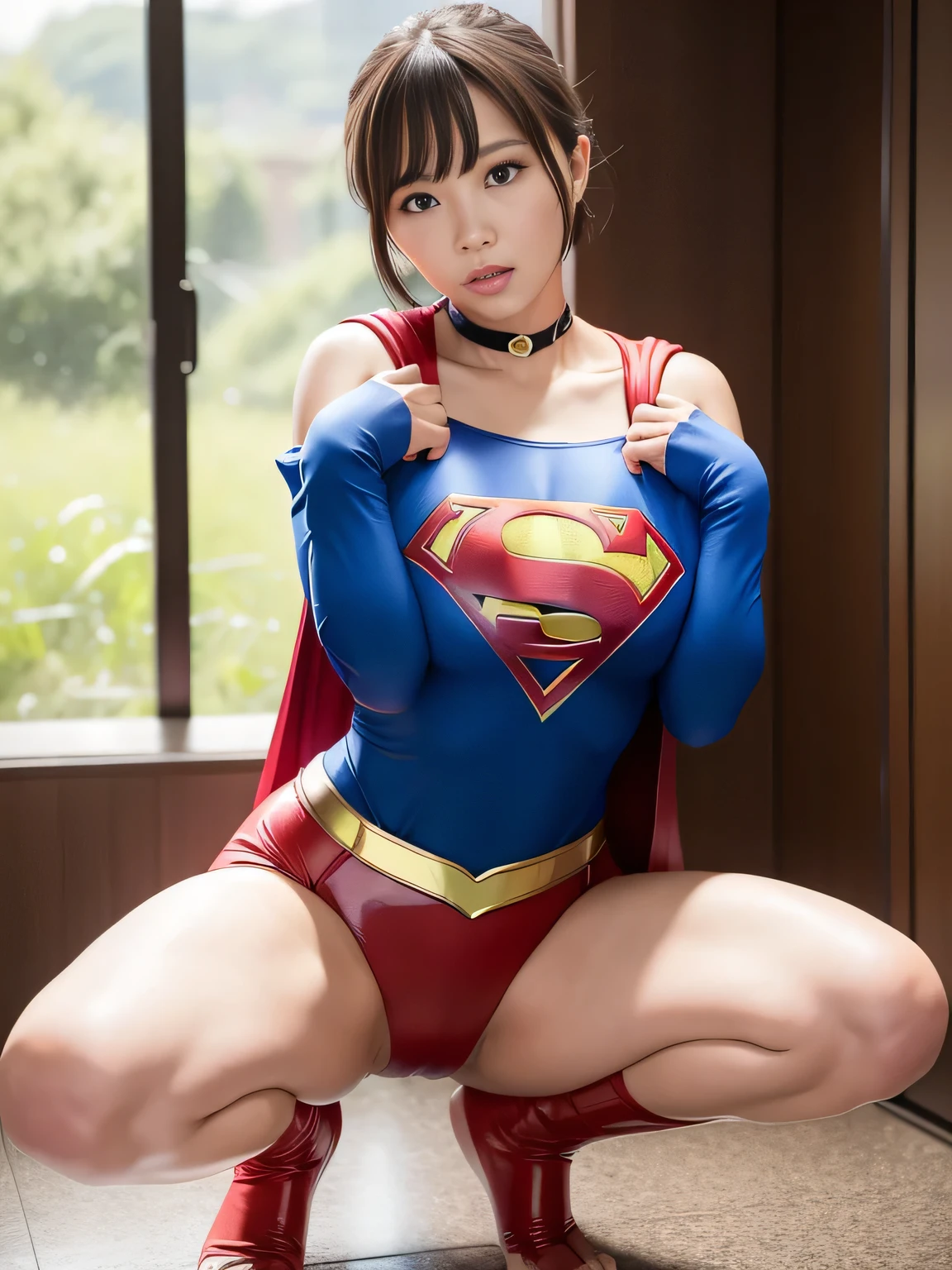 masterpiece、Supergirl Costume、short hair、barefoot、Big and ample breasts、Crisis situation、Complete surrender、Inside the prison、torture chamber、Abused、Humiliating torture、Squatting Pose、shiny sweaty skin、looking at the camera、choker、Long sleeve、Sexy poses to seduce、Off the shoulder、latex、from right in front、Crotch tearing、athlete、High leg bloomers、
