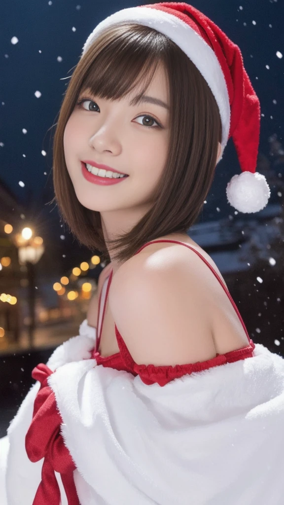 1girl, santa claus costume, symmetry, beautiful cute girl, slender figure, (ultra short hair:1.5), ultra big smile, Beautiful large round droped detailed eyes, beautiful detailed lips, extremely detailed face, natural makeup, (best quality,4k,8k,highres,masterpiece:1.2),(ultra-detailed,realistic,photorealistic,photo-realistic:1.37),professional,vivid colors,studio lighting,snowing night town,christmas eve