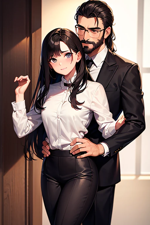 Best quality, masterpiece, An adult muscular brunette man with a mustache and beard in a formal suit hugs a young beautiful blonde girl in casual clothes from behind.
