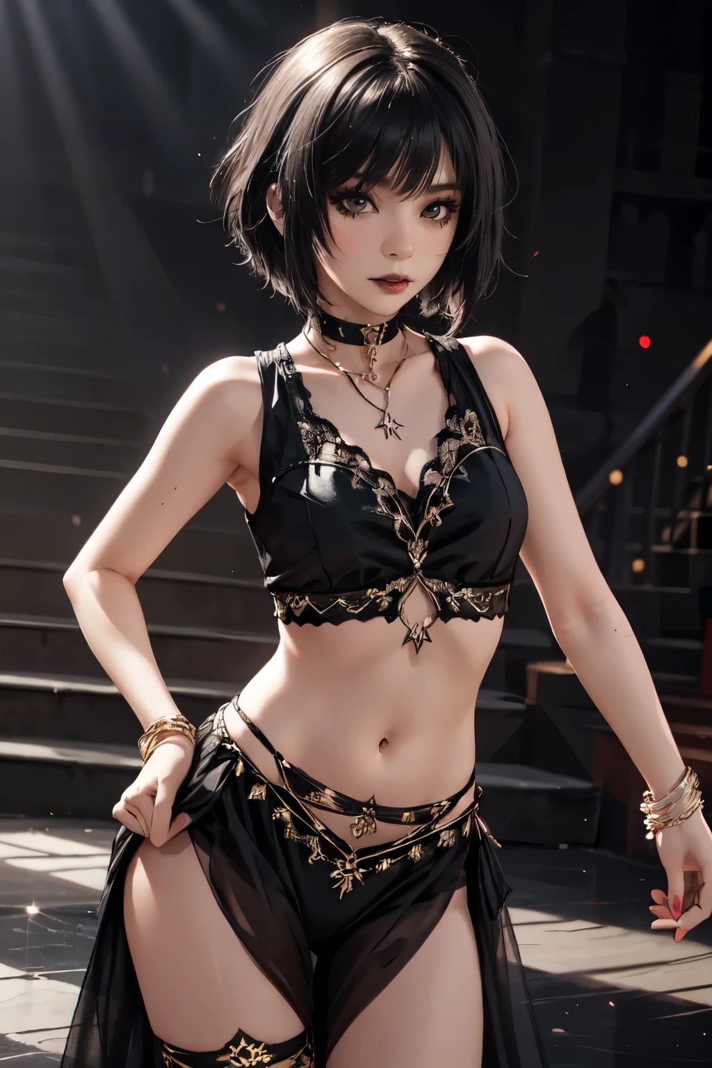 Girl, woman, emo_hairstyle, black lipstick, dog collar, eyeliner, eye shadow, smoky eyes, realistic lighting, short hair, standing up, dancer outfit, Arabian dancer costume, sleeveless.