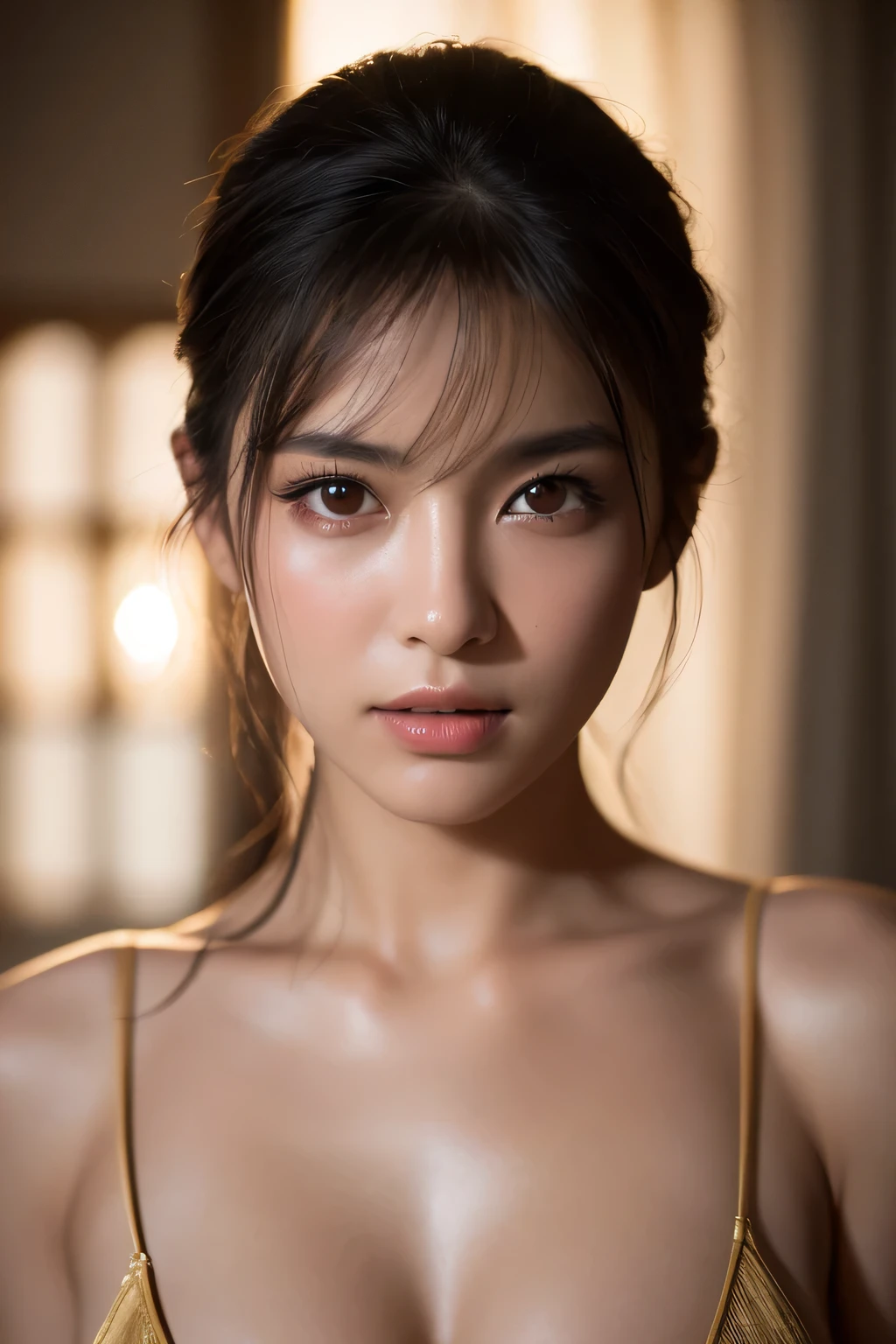 (highest quality, masterpiece:1.3, 超A high resolution), (Very detailed, Caustics), (Realistic:1.4, RAW shooting), Ultra-Realistic Capture, Very detailed,High resolution 16k, Human skin close-up, The skin texture is natural, It must be detailed enough to be easily identifiable, Skin should look healthy and have an even tone, Use natural light and color, ((Woman caught in a spider's web:1.4)), ((the body is slim)), girl, Japanese, 18-year-old, cute, Straight Long Hair, Big Breasts, ((smile)), (View from the front:1.1), Looking into the camera, focused on the chest, Light brown hair, ((Black choker)), Very long and bushy eyelashes, blue eyes, bangs, Big Breasts, Red lips, , forest、jungle