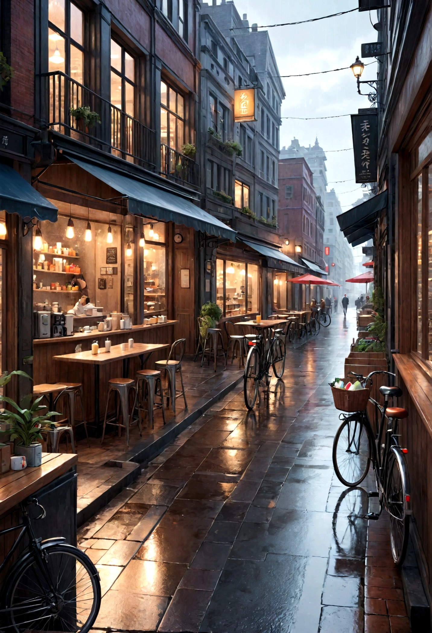 Photo of modern cafe, Wet Street, architecture, Busy Street, cycle, Rubbish, Nostalgia, Ultra-high quality, Extremely detailed