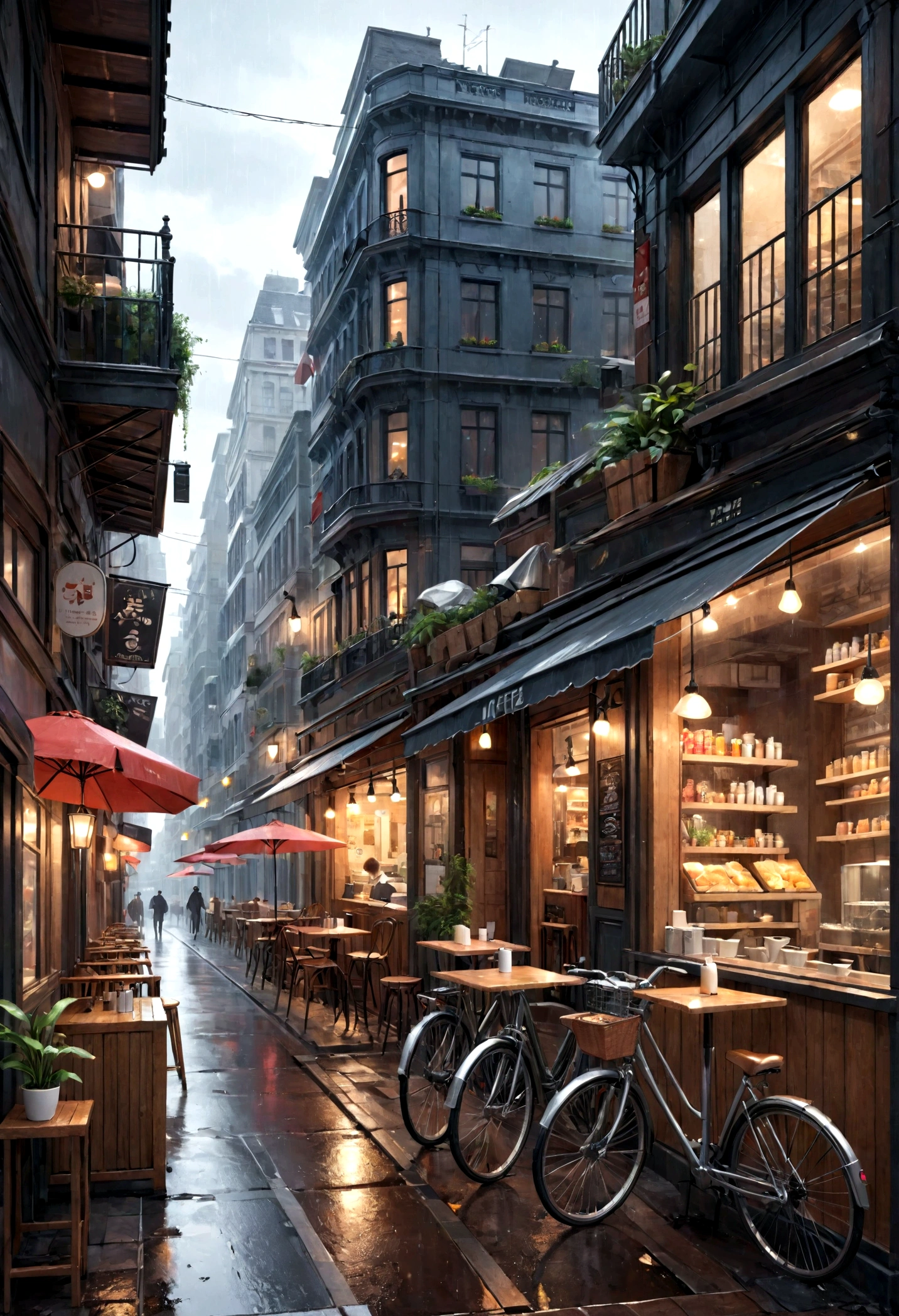 Photo of modern cafe, Wet Street, architecture, Busy Street, cycle, Rubbish, Nostalgia, Ultra-high quality, Extremely detailed
