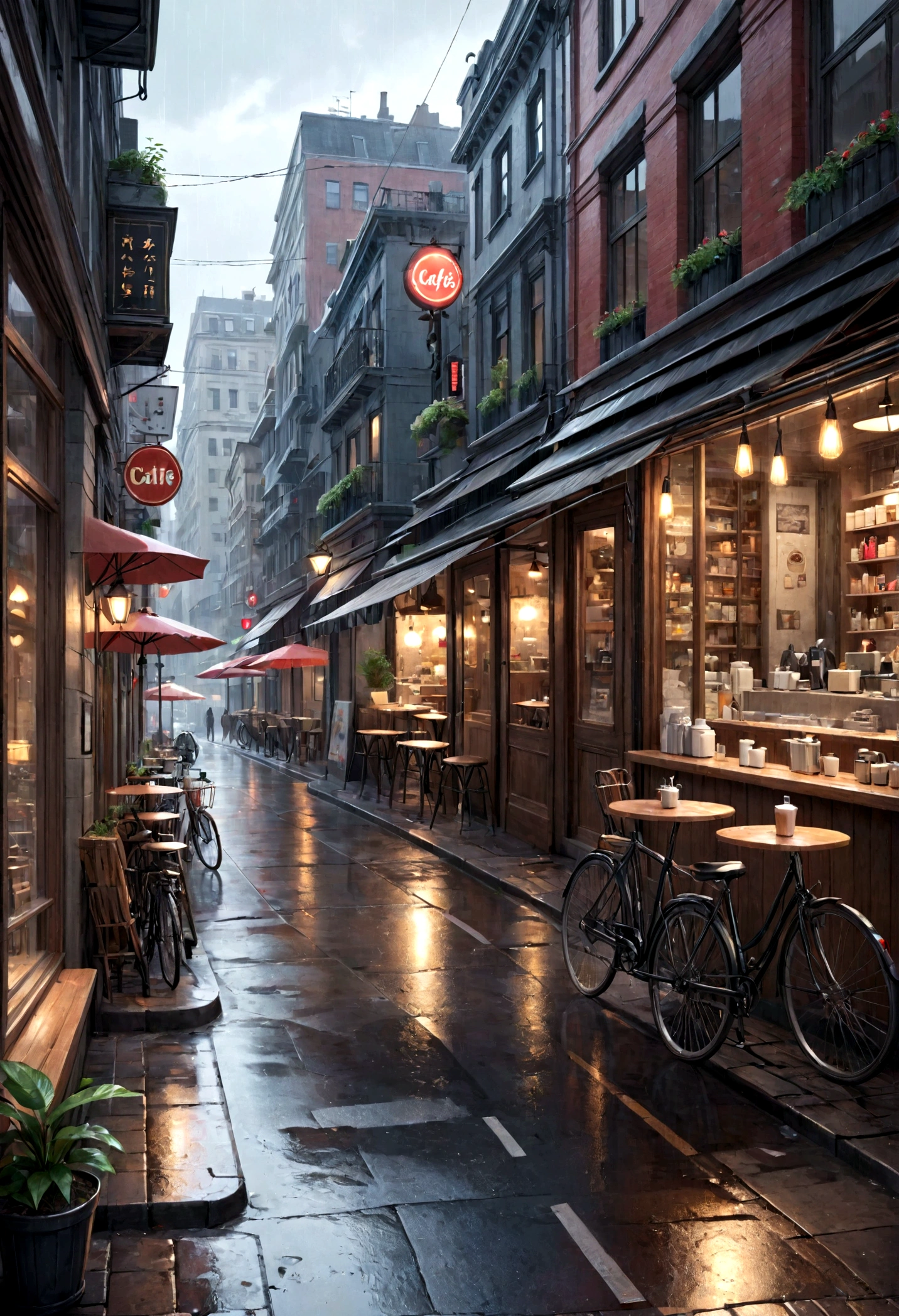 Photo of modern cafe, Wet Street, architecture, Busy Street, cycle, Rubbish, Nostalgia, Ultra-high quality, Extremely detailed