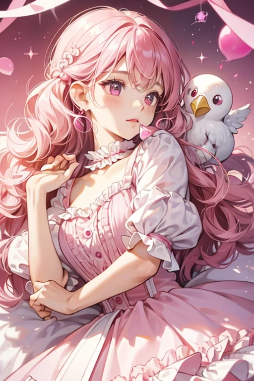 LoveOnetchi has light pink skin, black eyes, a pink beak, and curly pink hair. She has round white beads in her hair and round white earrings. She wears a magenta dress with a frilly white collar. SPARKLE; GLITTER