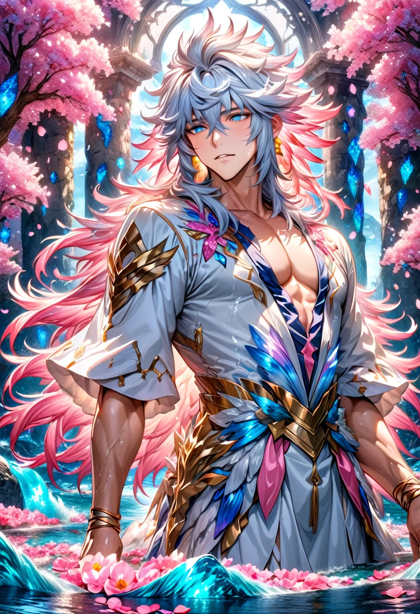 absurdres, highres, ultra detailed, HDR, master piece, best quality, Merlin, white untamed hair, expressive blue eyes, fate grand order, solo, sexy man, handsome, white tunic, fantasy, water, pink flowers, pink blossoms, pink butterflies, pink petals