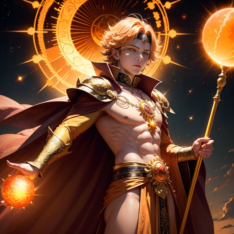 A glowing yellow eyes male magician wearing an orange red robe with a gold red elaborated intricate baroque armor with yellow accents, wearing a solar crown, holding a large solar staff in one hand, big sun in the sky background, a sun god
