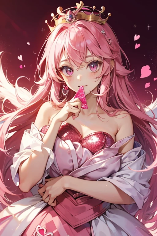 Lovekotchi resembles a pink  with two eyes and a white pacifier in her mouth. She wears a crown that looks like a large red heart, with a smaller pink heart in the center. Her heart crown is red no matter what. SPARKLE; GLITTER