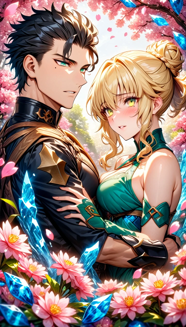 Ultra detailed, Highres, absurdres, HDR, master piece, Diarmuid Ua Duibhne, black hair, expressive yellow eyes, mole under his eye, Arthuria Pendragon, blond hair tied in a bun, expressive green eyes, Fate Grand Order, a handsome man together with a beautiful woman, couple, love, extremely detailed eyes and face, water, pink flowers, blossoms, petals, fantasy, magic, best quality, sexy, knight black clothes