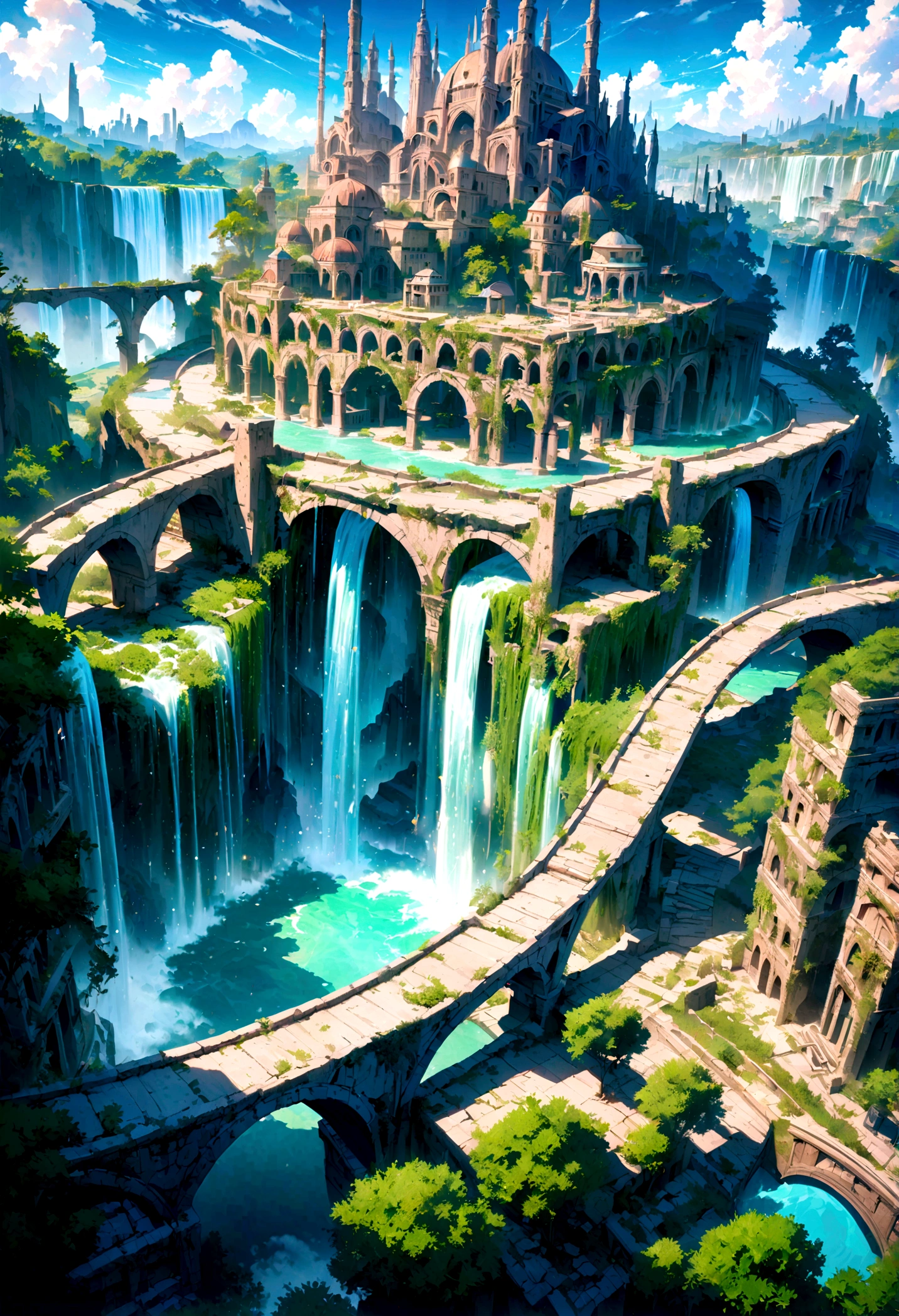 8K resolution, surreal, Super detailed, high quality, fantastical city, towering archways and bridges, cascading waterfalls, ancient ruins, lush greenery, winding river, blue skies with fluffy clouds, detailed stone structures, scenic landscapes, mix of natural and architectural beauty, vibrant colors