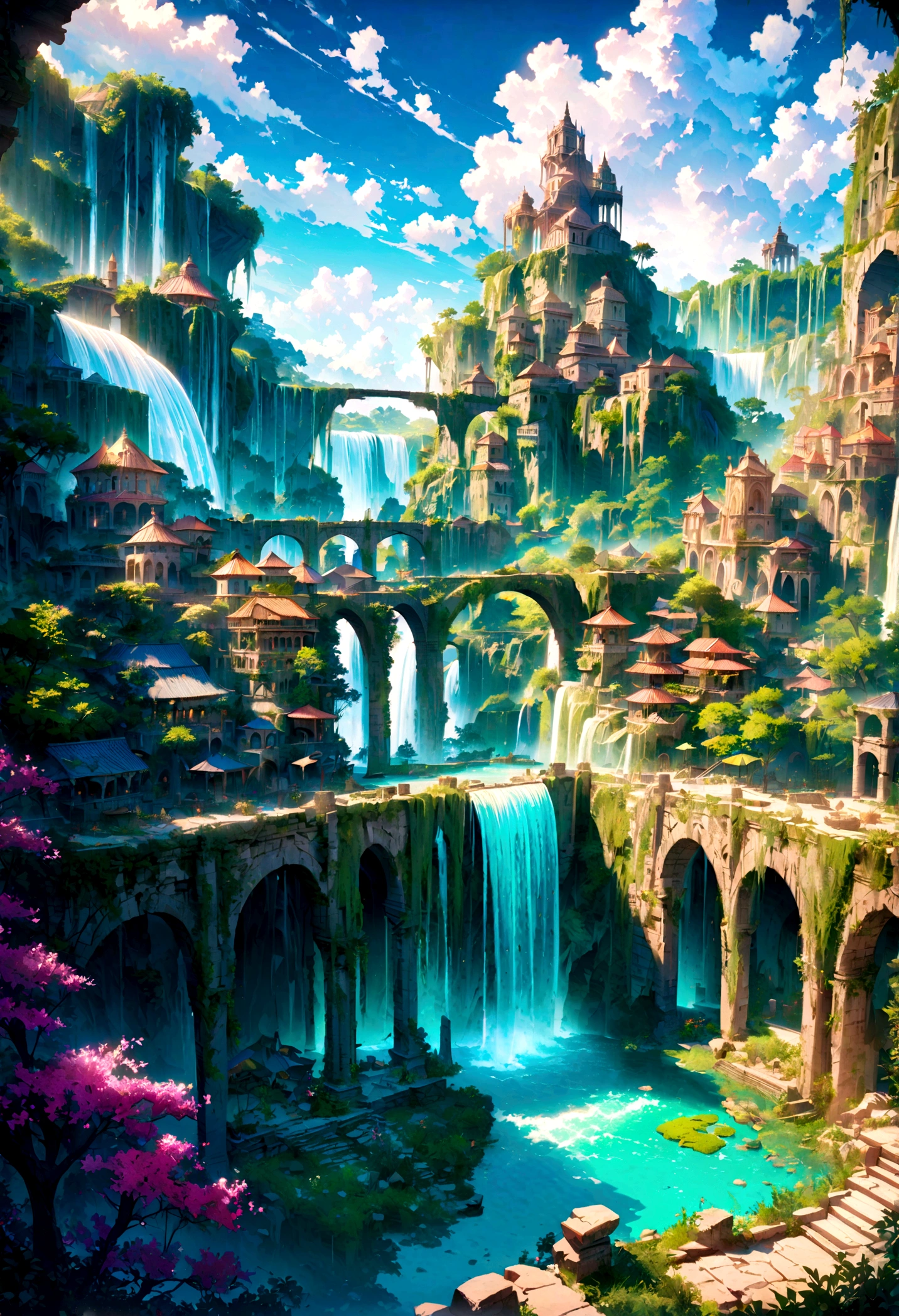 8K resolution, surreal, Super detailed, high quality, fantastical city, towering archways and bridges, cascading waterfalls, ancient ruins, lush greenery, winding river, blue skies with fluffy clouds, detailed stone structures, scenic landscapes, mix of natural and architectural beauty, vibrant colors