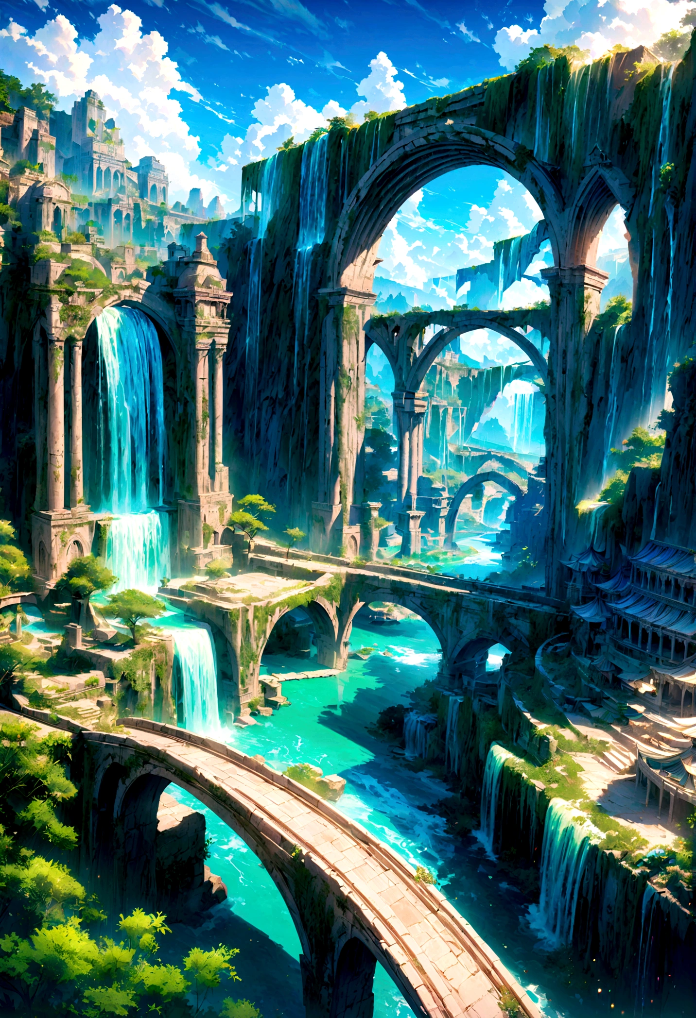 8K resolution, surreal, Super detailed, high quality, fantastical city, towering archways and bridges, cascading waterfalls, ancient ruins, lush greenery, winding river, blue skies with fluffy clouds, detailed stone structures, scenic landscapes, mix of natural and architectural beauty, vibrant colors