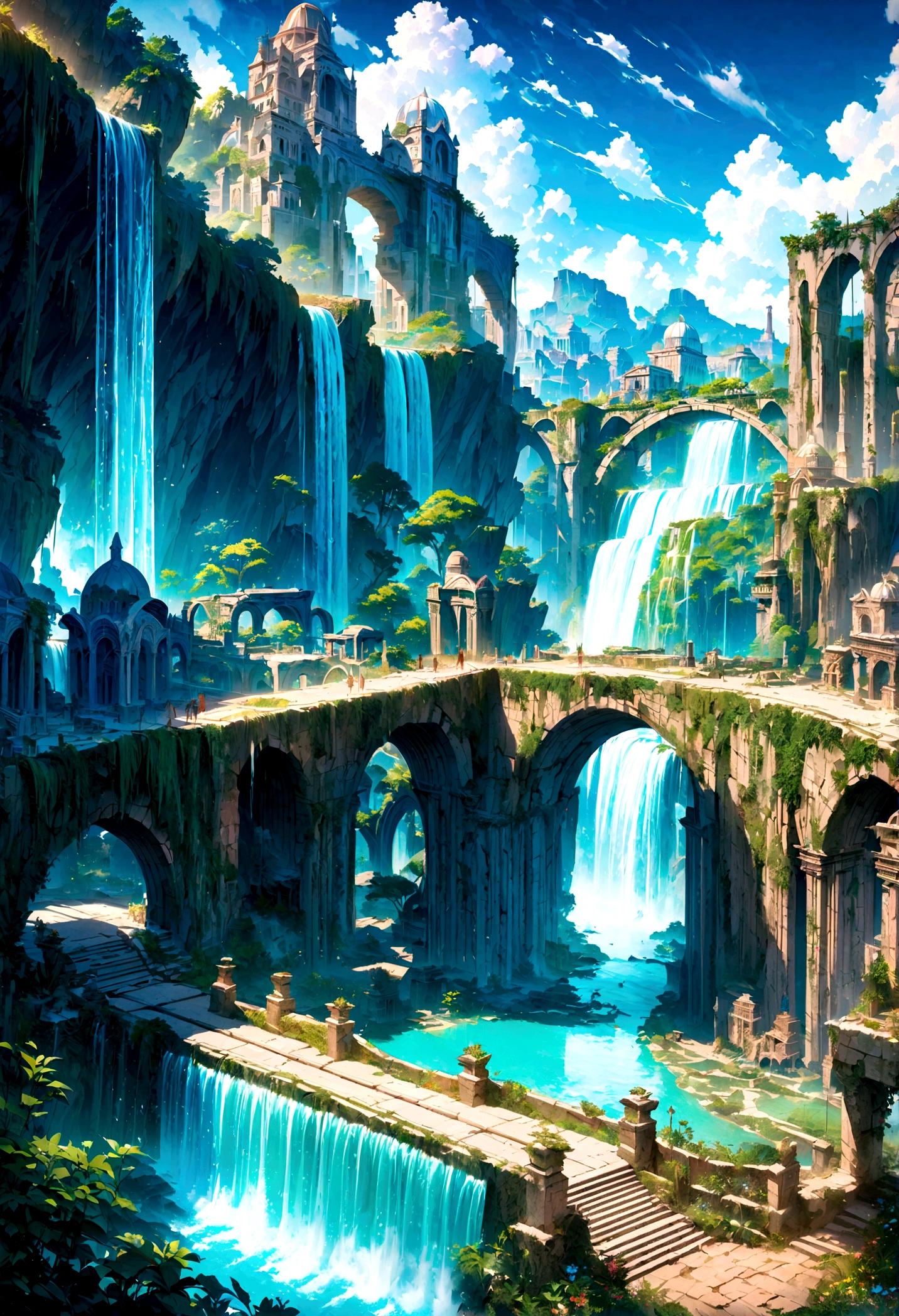 8K resolution, surreal, Super detailed, high quality, fantastical city, towering archways and bridges, cascading waterfalls, ancient ruins, lush greenery, winding river, blue skies with fluffy clouds, detailed stone structures, scenic landscapes, mix of natural and architectural beauty, vibrant colors