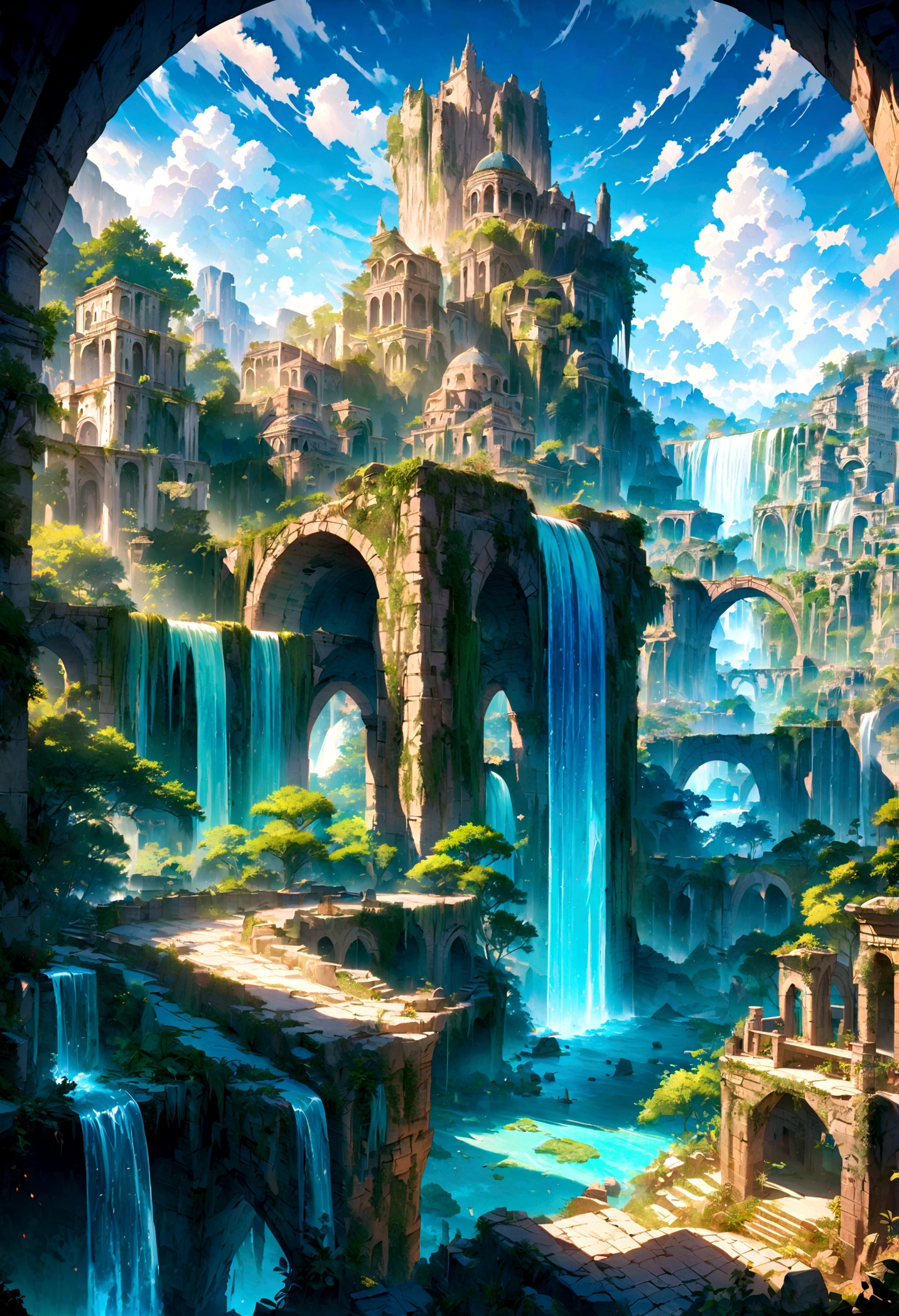 8K resolution, surreal, Super detailed, high quality, fantastical city, towering archways and bridges, cascading waterfalls, ancient ruins, lush greenery, winding river, blue skies with fluffy clouds, detailed stone structures, scenic landscapes, mix of natural and architectural beauty, vibrant colors