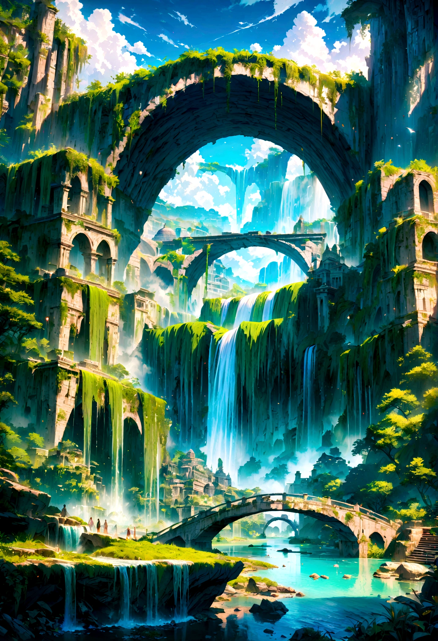 8K resolution, surreal, Super detailed, high quality, fantastical city, towering archways and bridges, cascading waterfalls, ancient ruins, lush greenery, winding river, blue skies with fluffy clouds, detailed stone structures, scenic landscapes, mix of natural and architectural beauty, vibrant colors