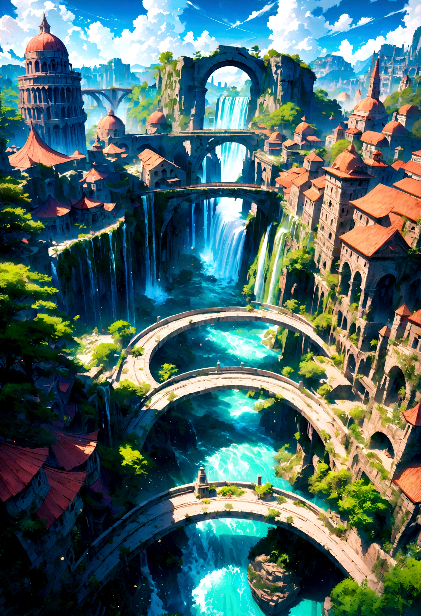 8K resolution, surreal, Super detailed, high quality, fantastical city, towering archways and bridges, cascading waterfalls, ancient ruins, lush greenery, winding river, blue skies with fluffy clouds, detailed stone structures, scenic landscapes, mix of natural and architectural beauty, vibrant colors