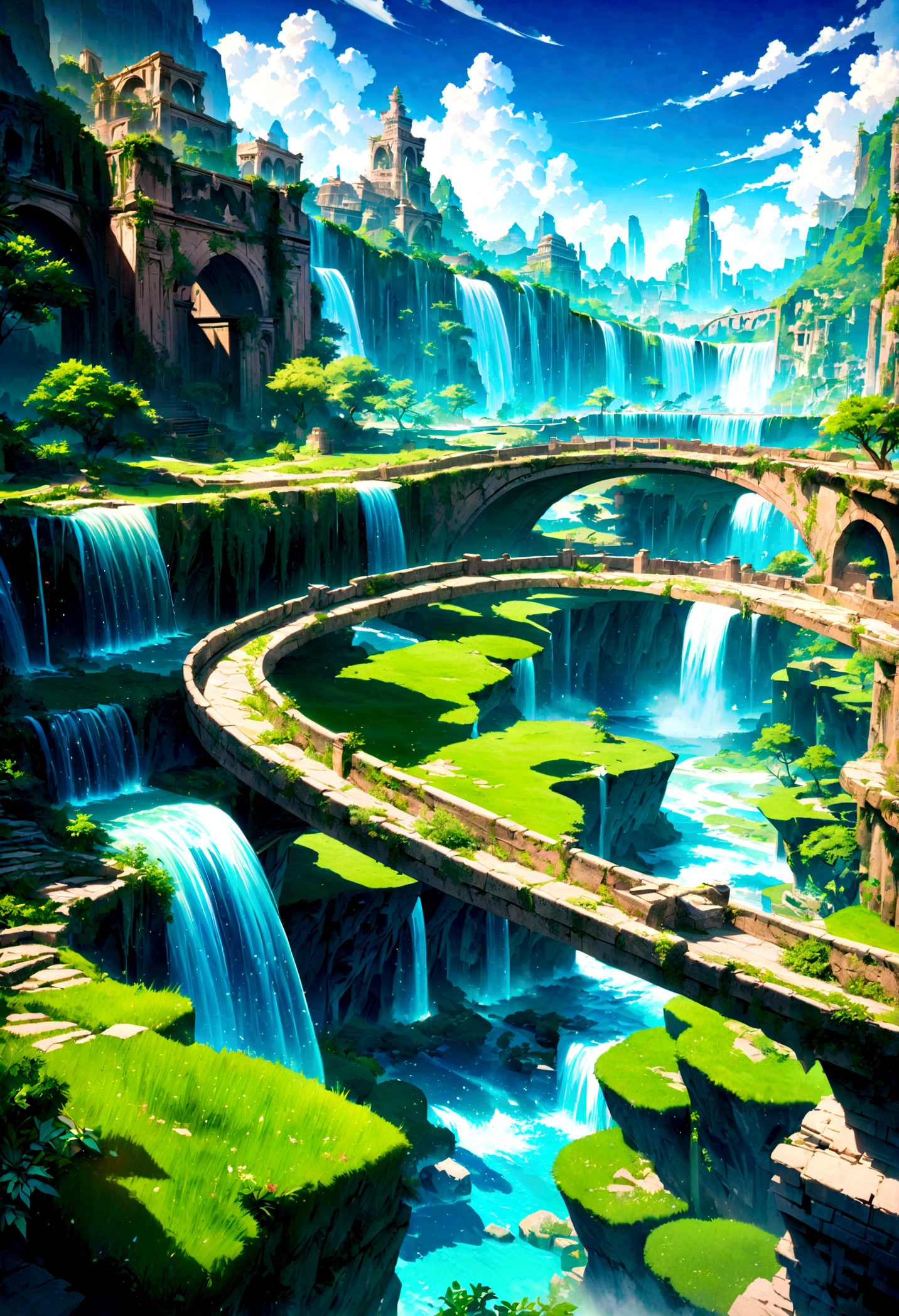 8K resolution, surreal, Super detailed, high quality, fantastical city, towering archways and bridges, cascading waterfalls, ancient ruins, lush greenery, winding river, blue skies with fluffy clouds, detailed stone structures, scenic landscapes, mix of natural and architectural beauty, vibrant colors