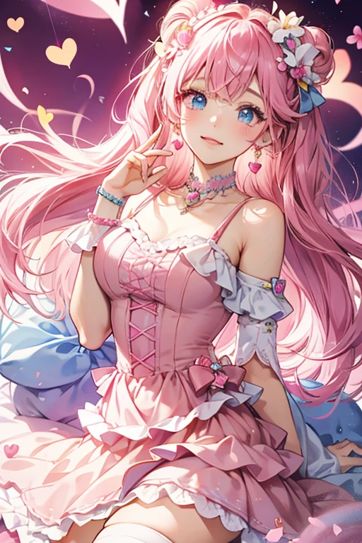 Lovelin has a similar appearance to Lovelitchi. She has a blue heart on the left side of her face, pink stockings, and a three-layered pink dress that changes brightness from each layer, from pink to white. She also has two Tama Hearts on her left ear, and a plain pink, 5-petal flower pin on the right. Pink beads are hidden behind both the Tama Hearts and flower pin to hold them on her ears like a hair tie, similar to her previous outfit. The heart on her cheek is actually makeup. SPARKLE; GLITTER